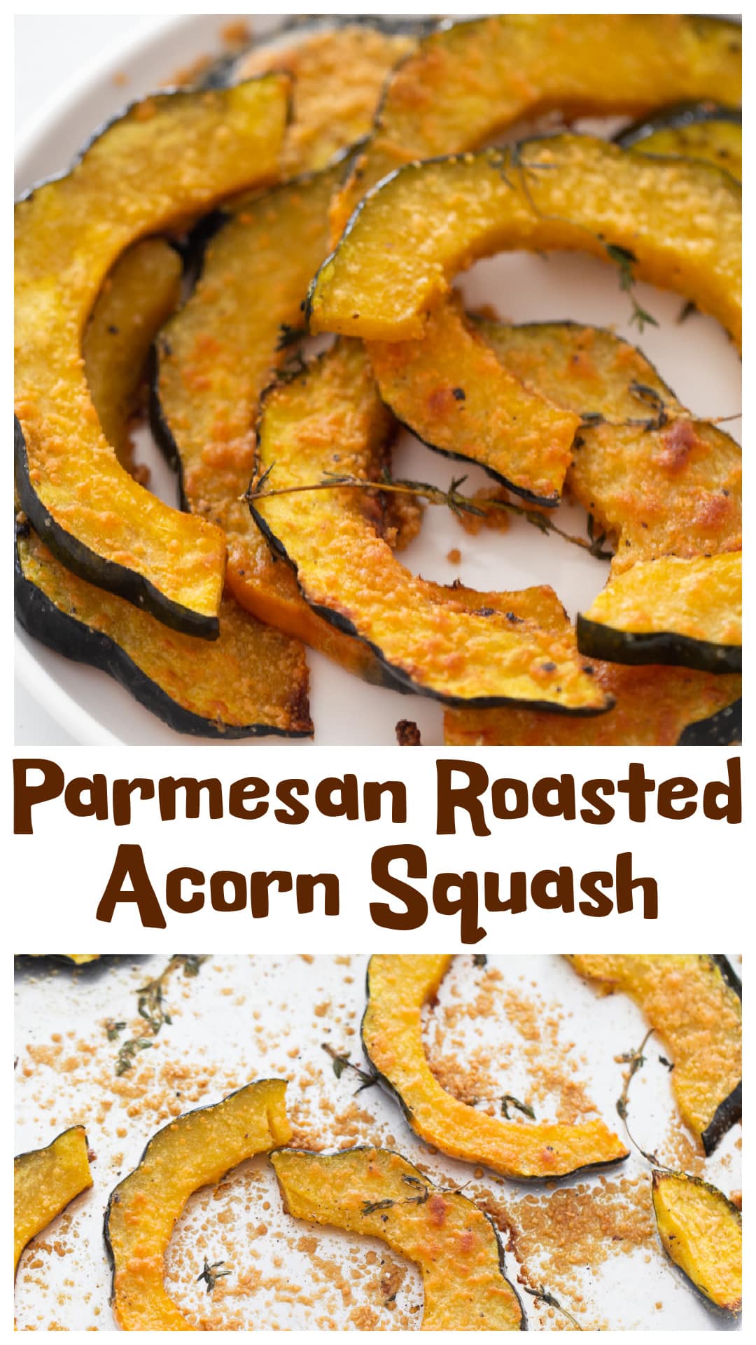 Parmesan Roasted Acorn Squash is a savory fall side dish made with thick slices of acorn squash, freshly grated Parmesan, fresh thyme, olive oil and black pepper. The skin stays on, so there’s no peeling, and the squash roasts at 400°F until tender while the Parmesan gets browned and crunchy. Serve these oven roasted acorn squash slices with chicken, pork, beef or turkey, or add them to your Thanksgiving side dish lineup when you want squash without brown sugar or maple syrup. via @cmpollak1