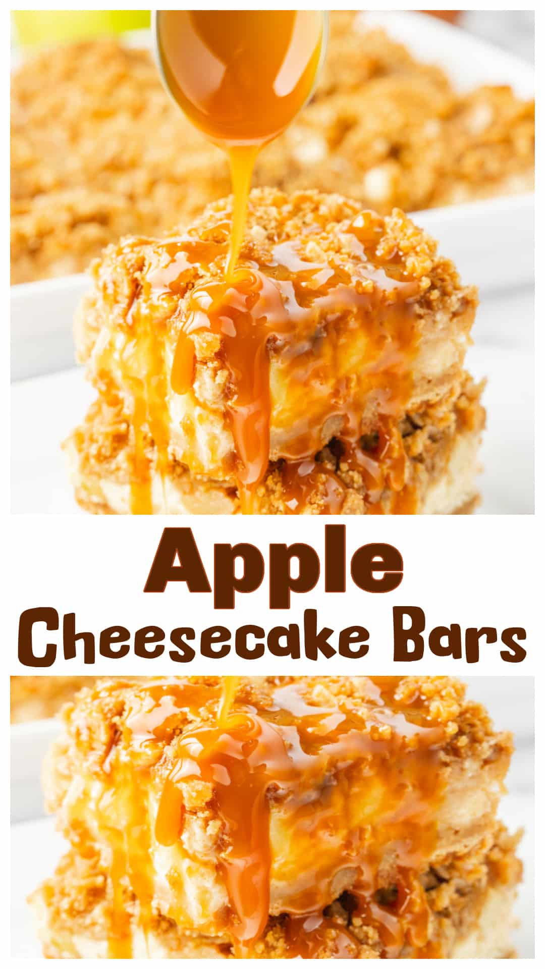 Apple cheesecake bars on a brown sugar shortbread crust with creamy cheesecake, spiced apples, and a buttery streusel topping, finished with caramel drizzle. They bake in a 9×13 pan, making them easy to share for fall gatherings. Think apple crisp cheesecake bars, apple streusel cheesecake bars, and caramel apple cheesecake bars all rolled into one recipe. A fall dessert that’s simple to make but still feels special when you set it out. via @cmpollak1