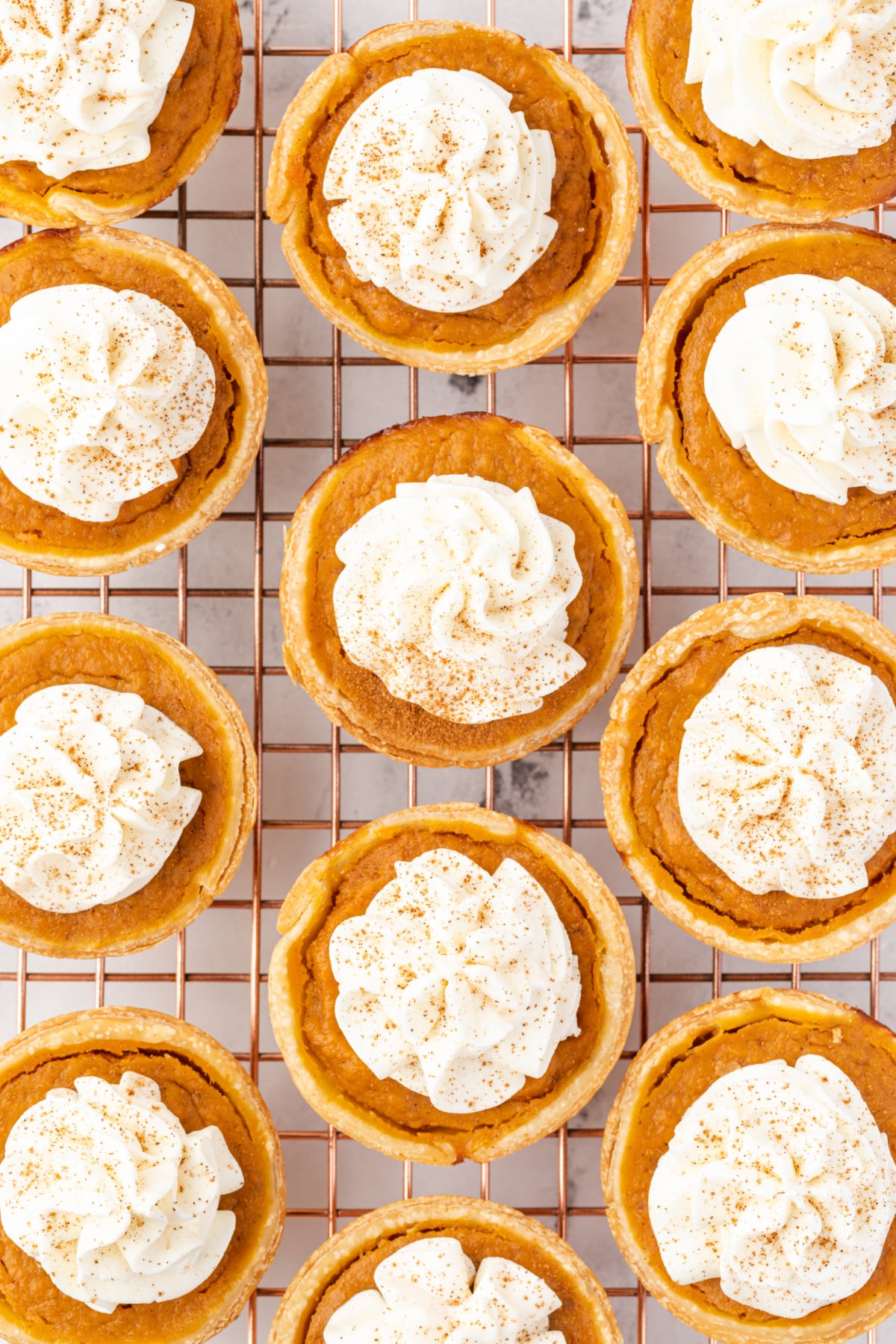 Mini Pumpkin Pies with Whipped Cream Mini pumpkin pies topped with whipped cream cooling on a wire rack.