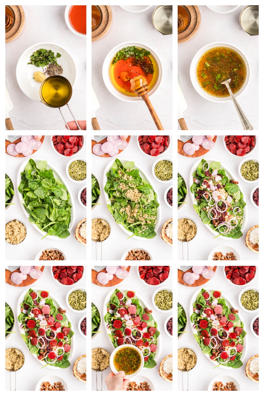How to make beet salad Collage of step-by-step instructions for making beet salad, from mixing the vinaigrette to tossing the salad.