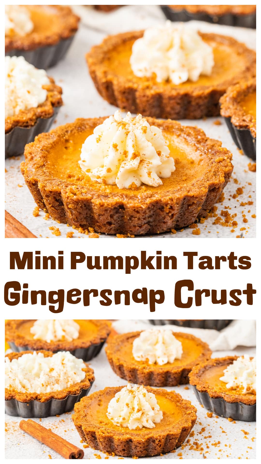 Mini pumpkin tarts made with 100 % pumpkin purée and a spiced gingersnap crust. The creamy custard-style filling sets perfectly after chilling, and each tart slides easily from its 4-inch pan for an individual holiday dessert. Ideal for Thanksgiving or Christmas gatherings. Includes make-ahead instructions, storage and freezing tips, and expert advice for keeping the gingersnap crust crisp and the pumpkin filling smooth. via @cmpollak1