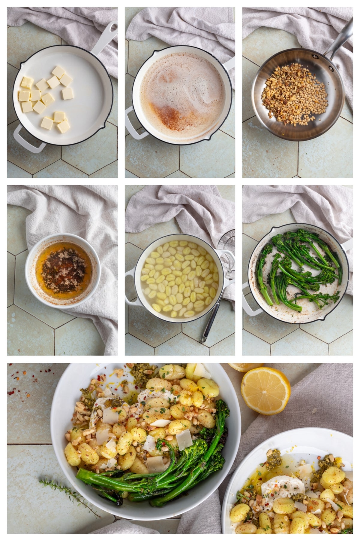 Step-by-step images showing how to make potato gnocchi with burrata and pesto, from browning butter to toasting nuts and cooking broccolini.