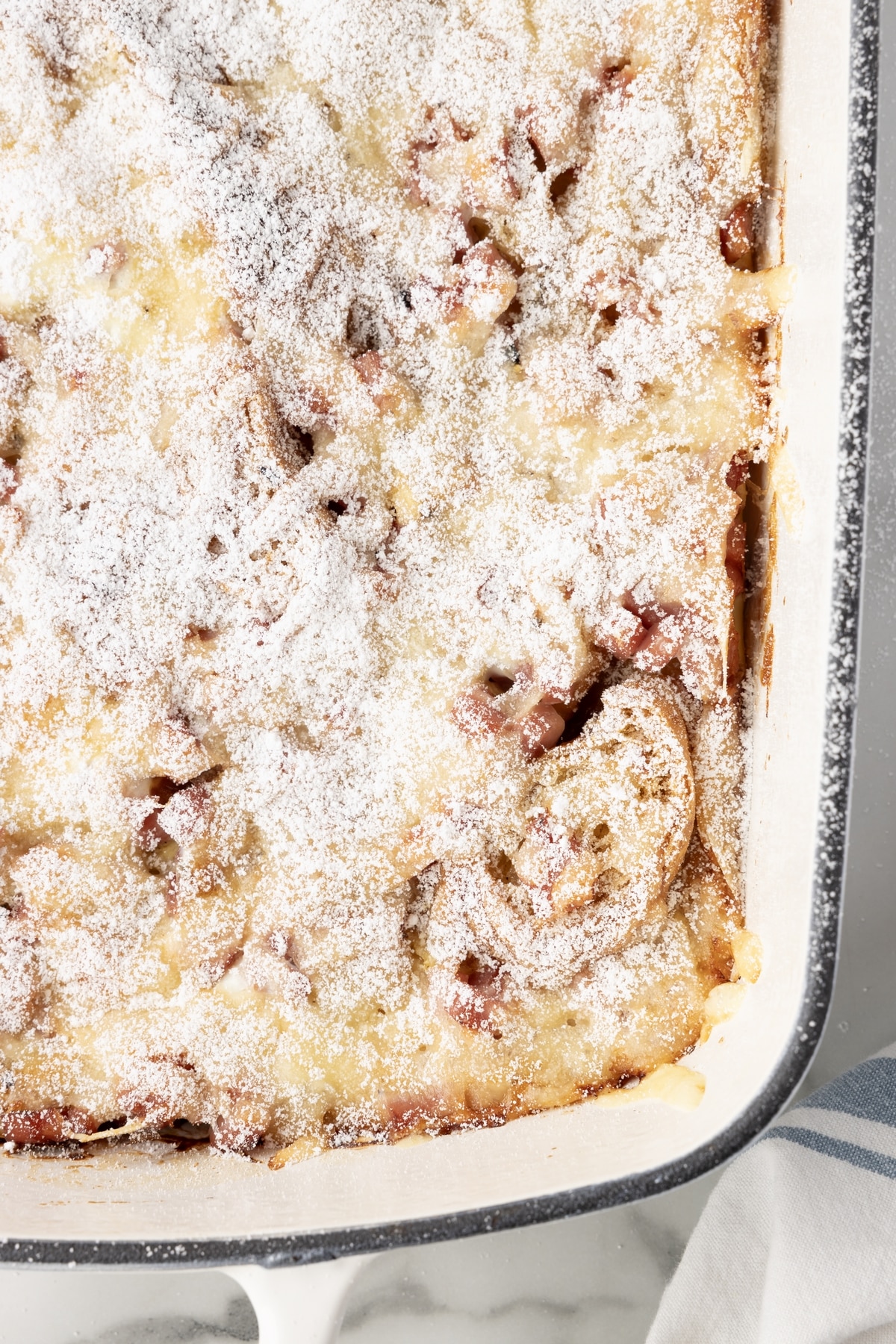 Overhead shot of freshly baked casserole straight out of the oven.