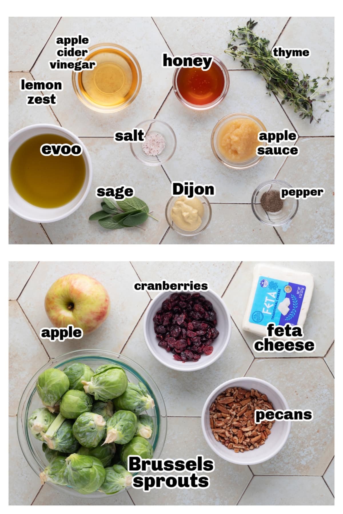 Ingredients for a Shaved Brussels Sprouts Salad salad ingrients on a countertop