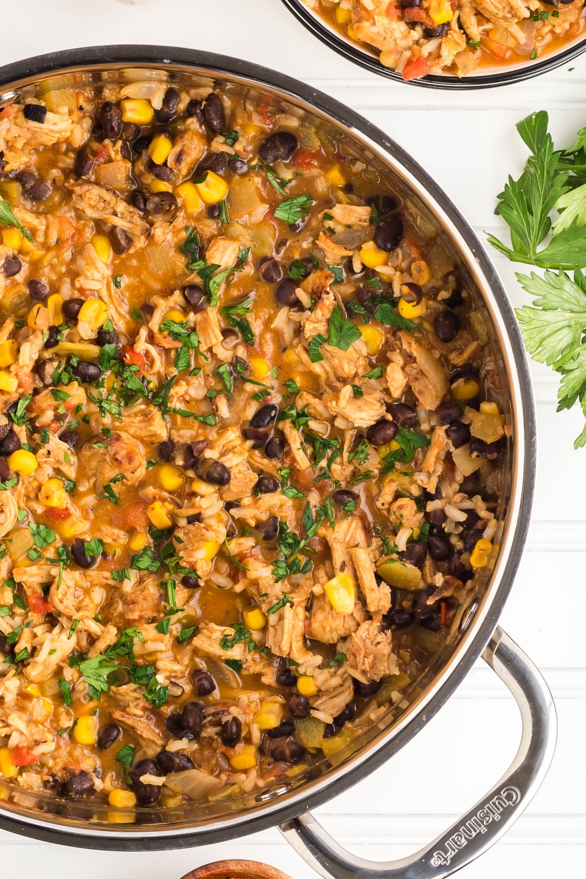 Overhead view of southwest turkey skillet in a skillet.