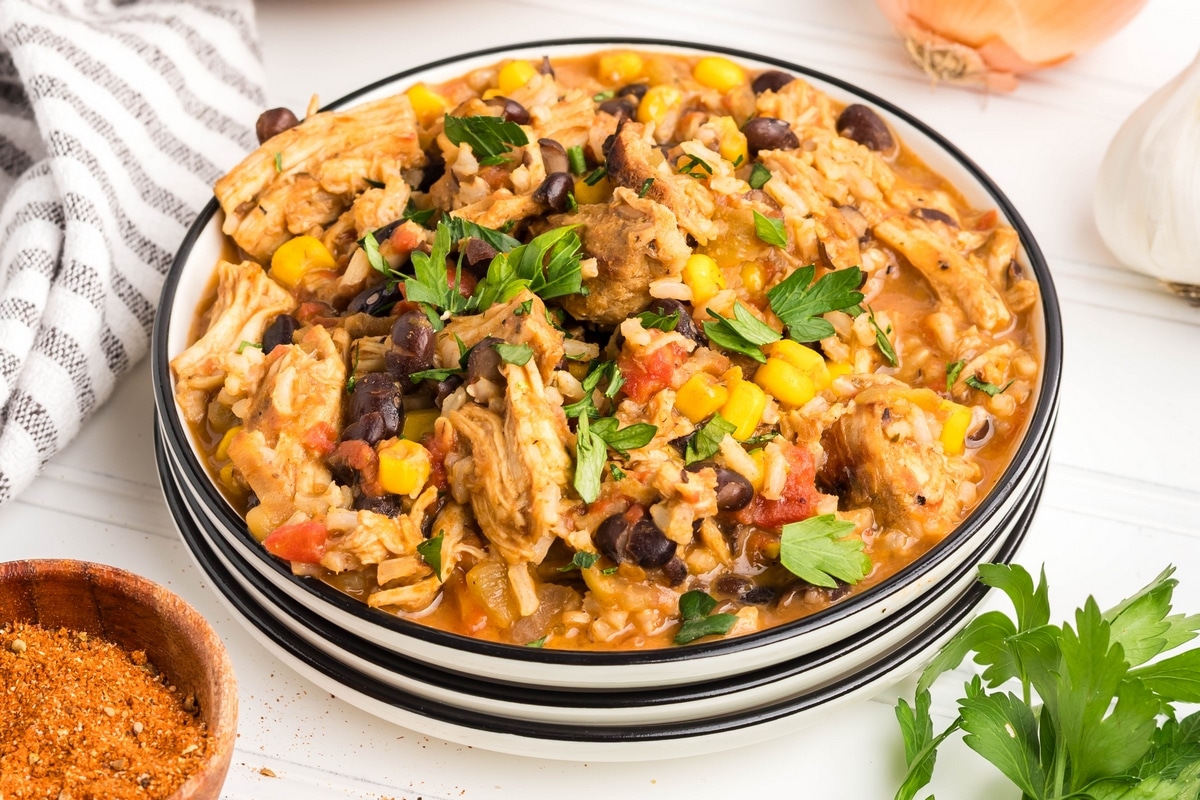 Southwest turkey skillet serving on a white plate.