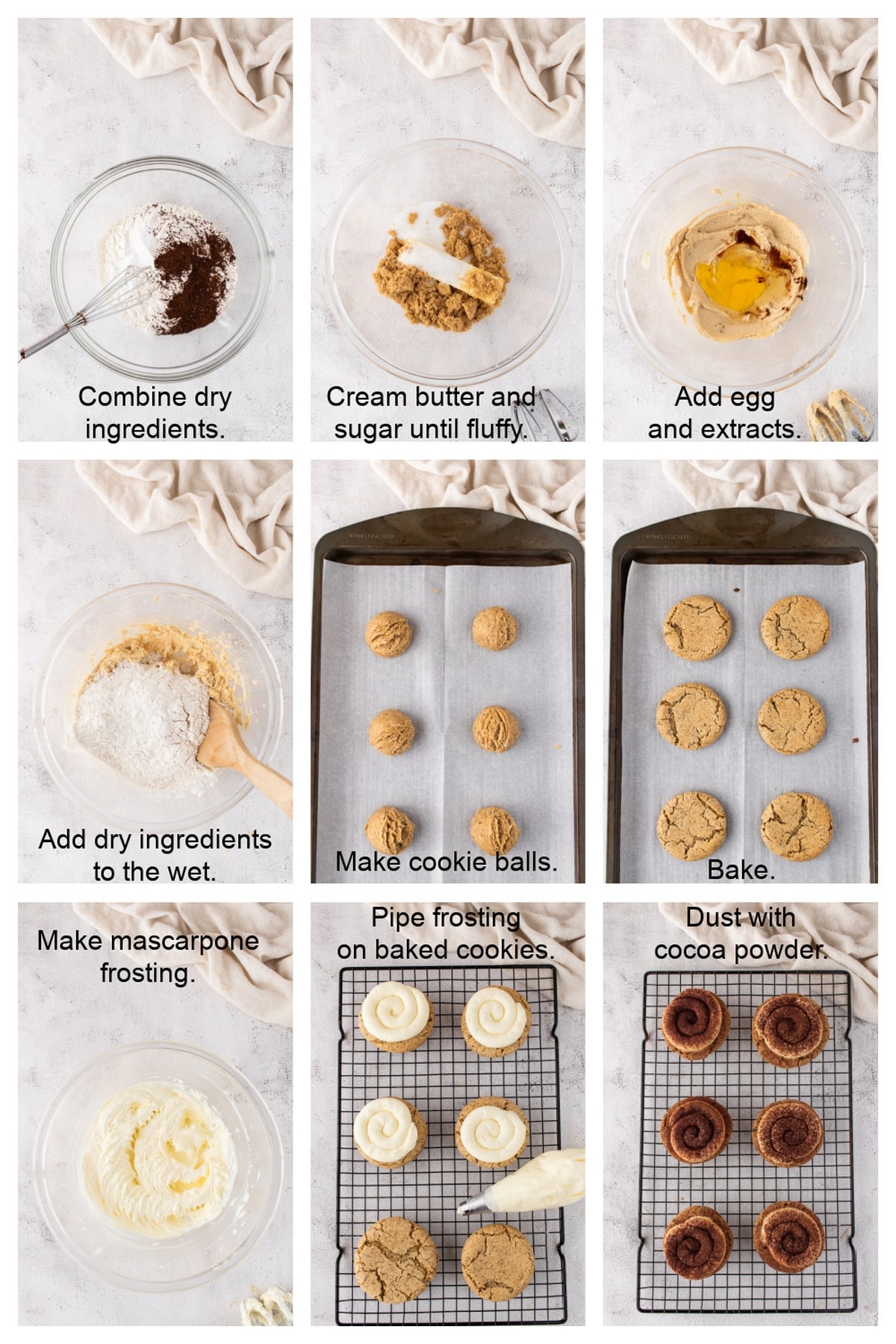 Step-by-step process of making tiramisu cookies. A collage showing the process of mixing, scooping, and baking tiramisu cookies, along with piping the frosting and dusting with cocoa powder.