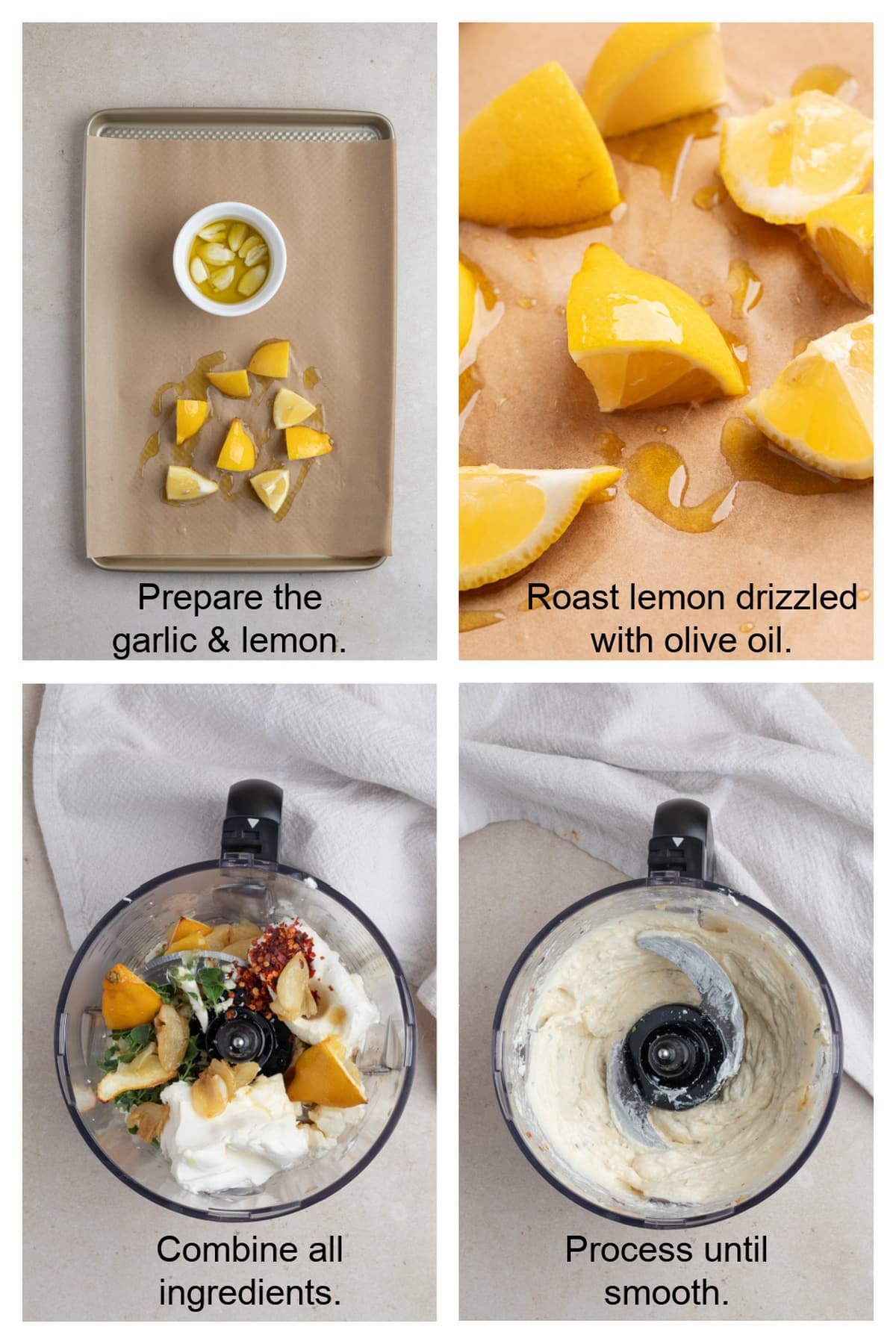 Step-by-step collage showing the process of making whipped feta roasted garlic dip with honey.
