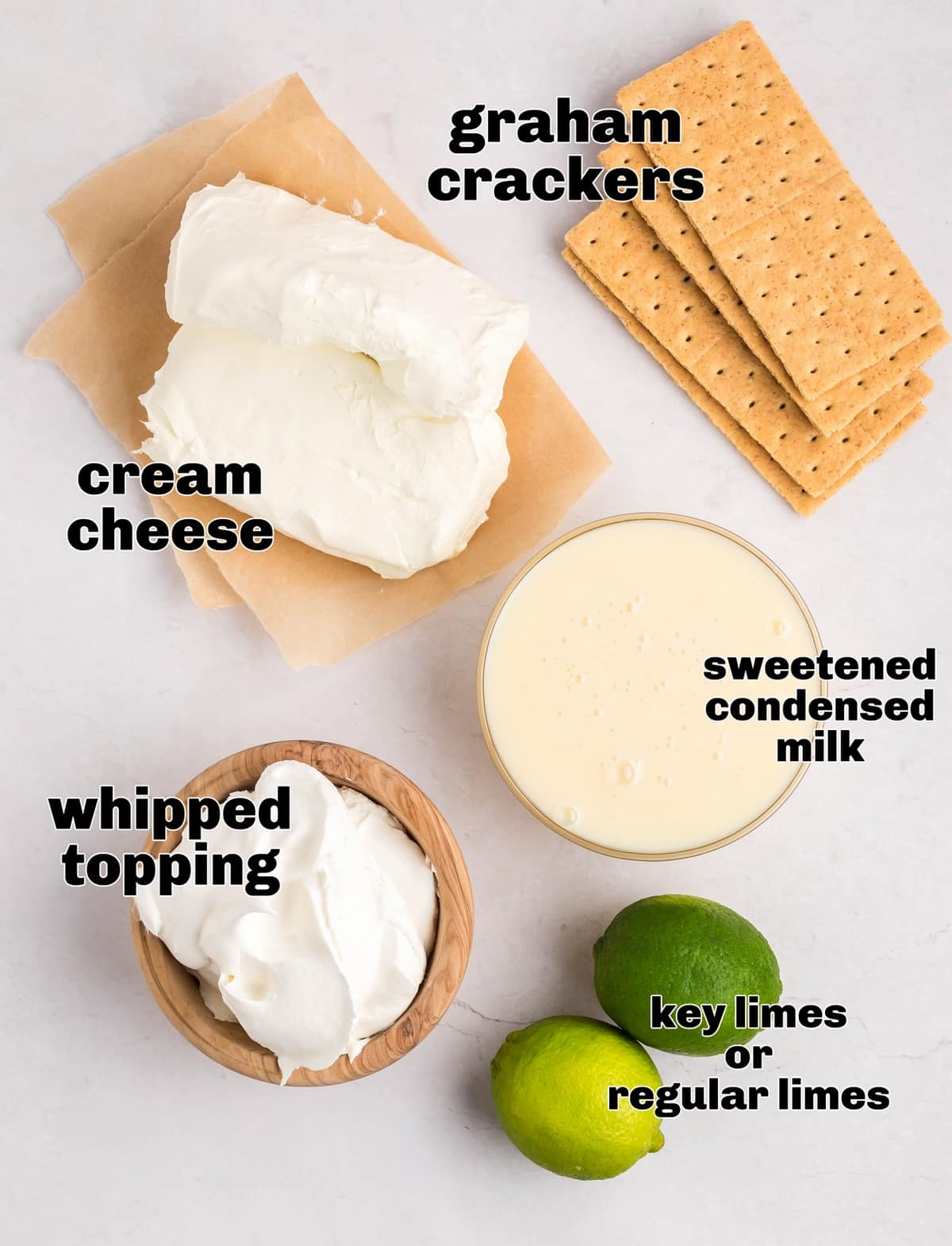 Ingredients for key lime pie dip. ingredients such as limes, whipped topping and sweetened condensed milk