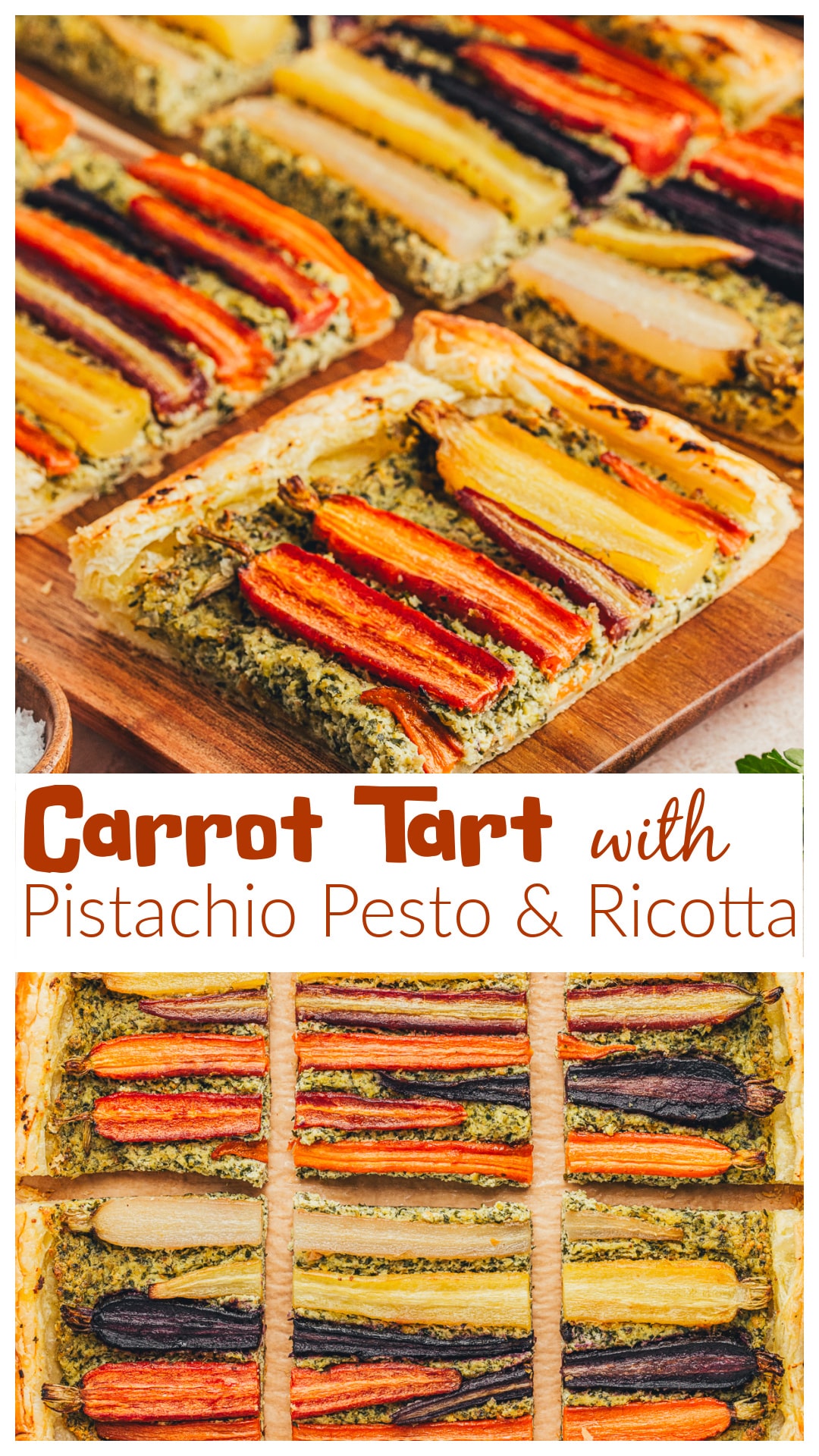 This Carrot Tart with Pistachio Pesto and Ricotta is a flaky savory tart made with puff pastry, roasted carrots, and a creamy pesto-ricotta topping. Perfect as a side dish, appetizer, or brunch idea, this carrot tart recipe is great for Easter recipes, Mother’s Day, or any springtime recipe. Serve it warm or at room temp for an easy, elegant dish that looks as good as it tastes. via @cmpollak1