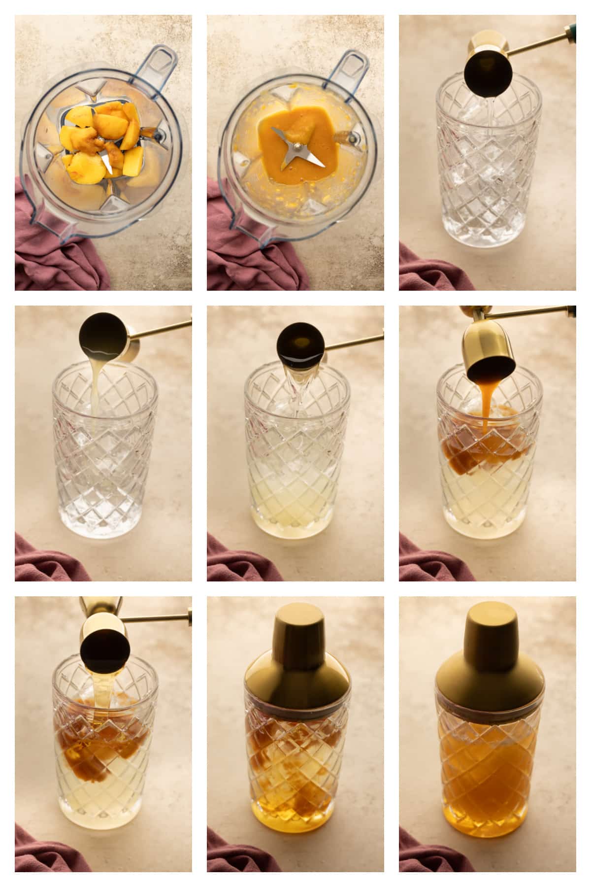 Step-by-step collage of making the margarita, including rimming the glass, blending the peach purée, shaking the cocktail, and garnishing the drink.