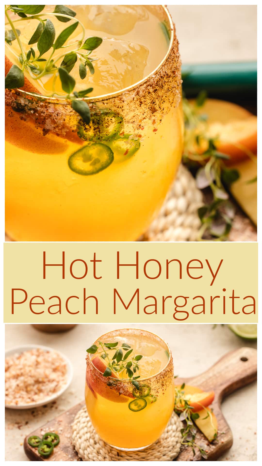 This Hot Honey Peach Margarita is the perfect balance of sweet, spicy, and citrusy flavors. Made with fresh or frozen peach purée, hot honey, tequila, and a chili salt rim, this cocktail is easy to customize and comes together in minutes. Whether you make everything from scratch or use store-bought shortcuts, this refreshing margarita is great for summer parties, happy hour, or any occasion that calls for a bold and flavorful drink. via @cmpollak1