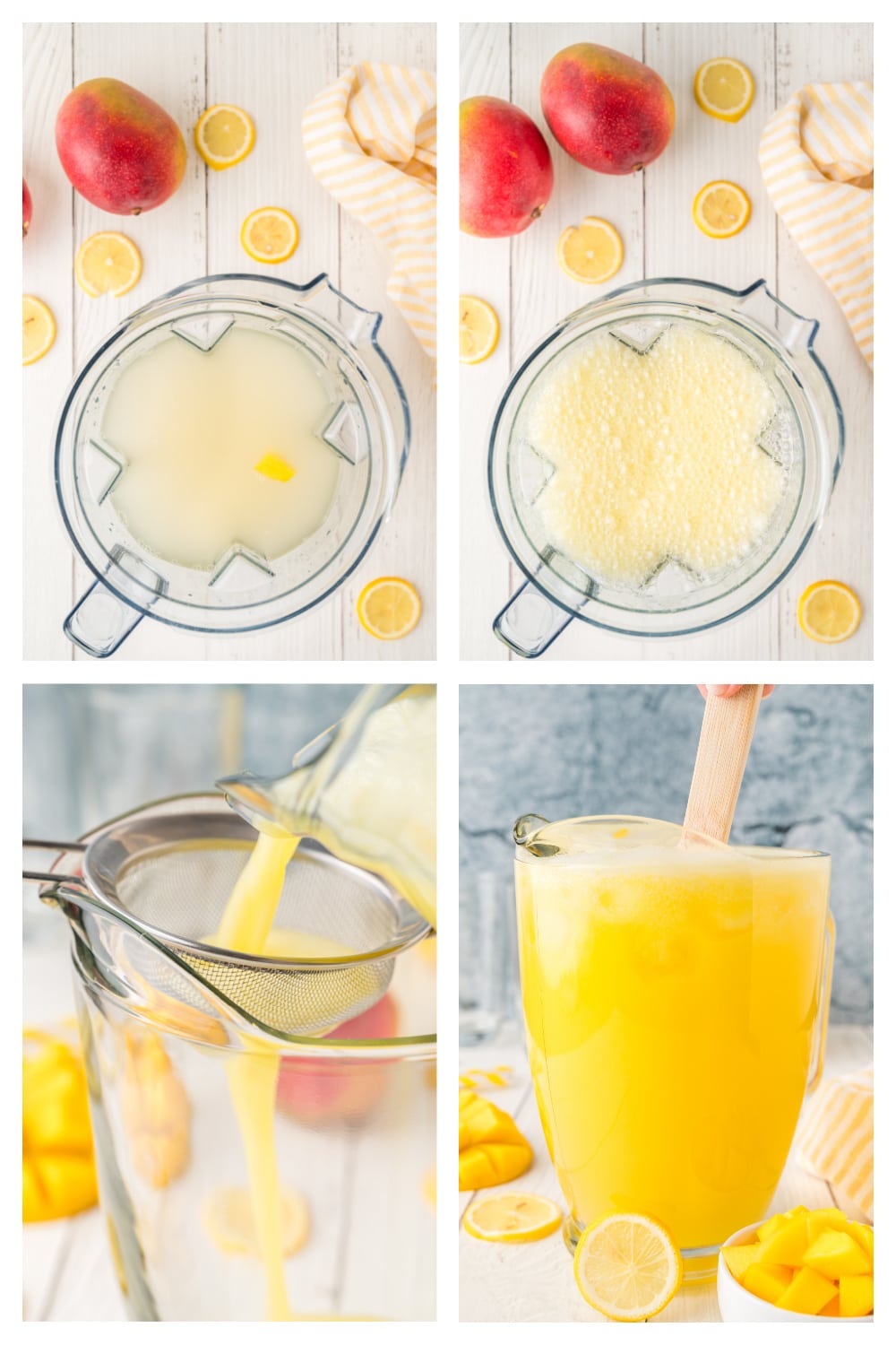 A collage showing the process of blending lemonade, including blending, straining, and pouring over ice.