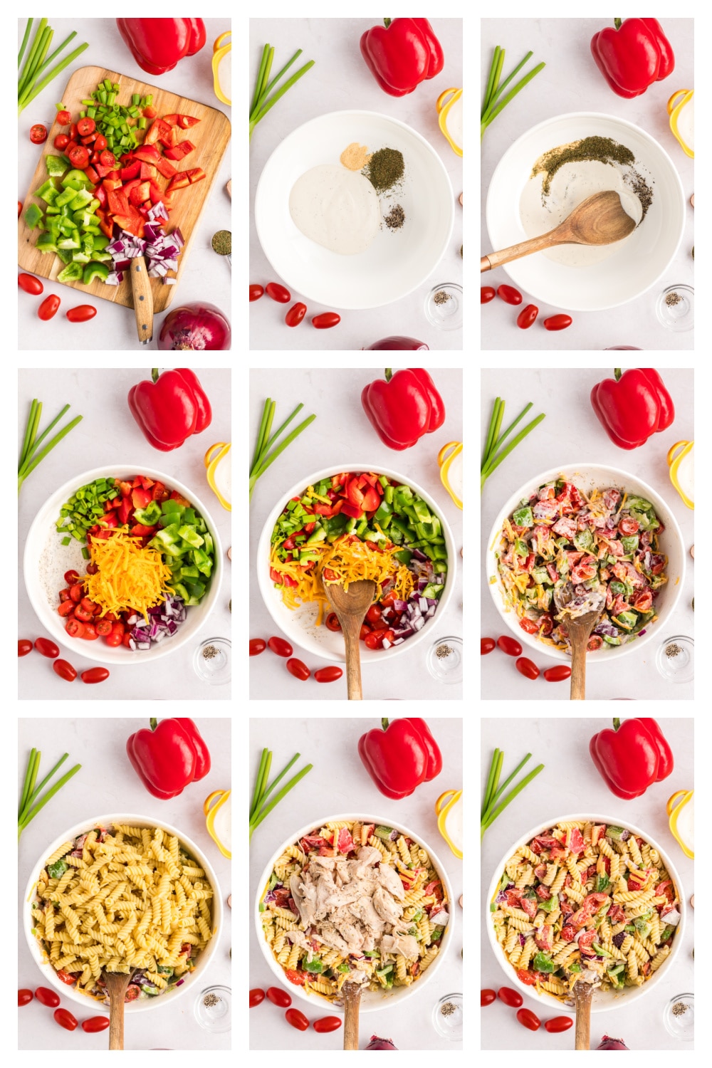 How to make Chicken Ranch Pasta Salad Step-by-step collage showing how to make chicken ranch pasta salad from start to finish.