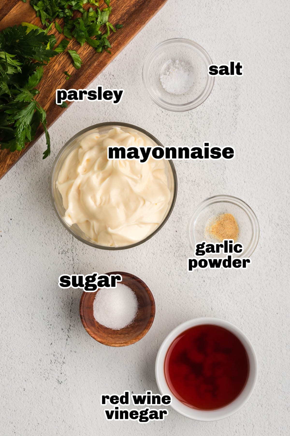 Creamy Mayonnaise Salad Dressing ingredients Ingredients for creamy mayonnaise salad dressing arranged on a countertop