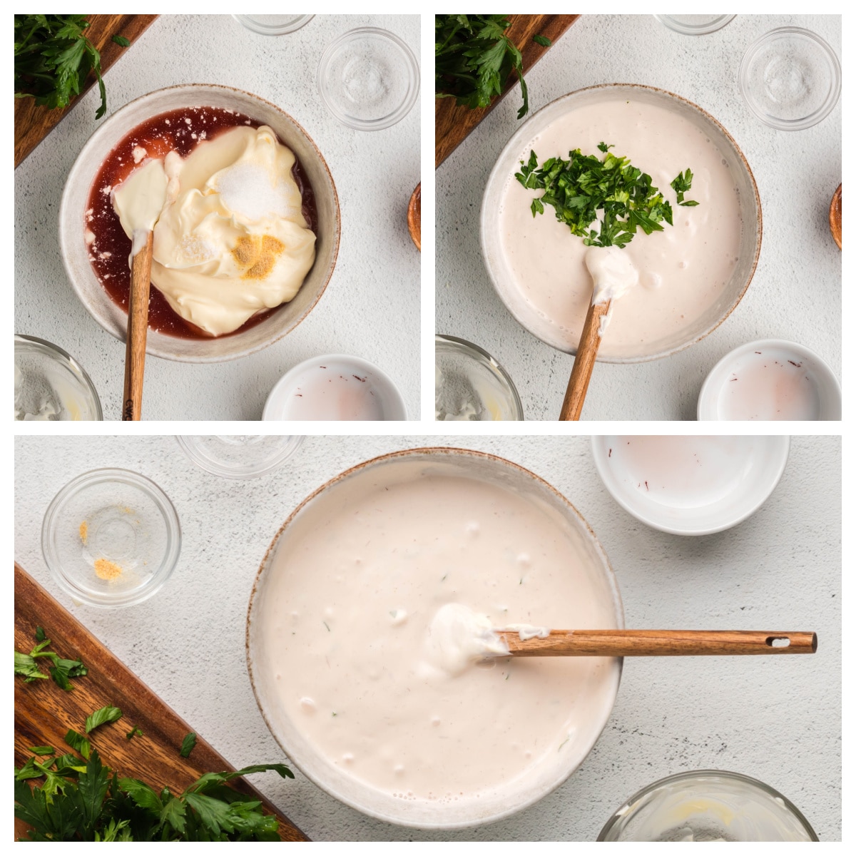 how to make Creamy Mayonnaise Salad Dressing Step-by-step collage showing how to make creamy mayonnaise salad dressing in a bowl