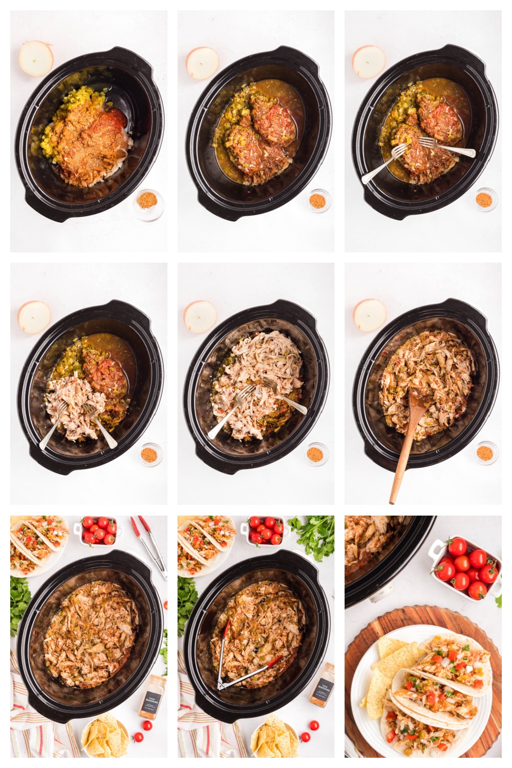 Collage showing the process of adding ingredients, slow cooking, shredding the chicken, and stirring everything together.