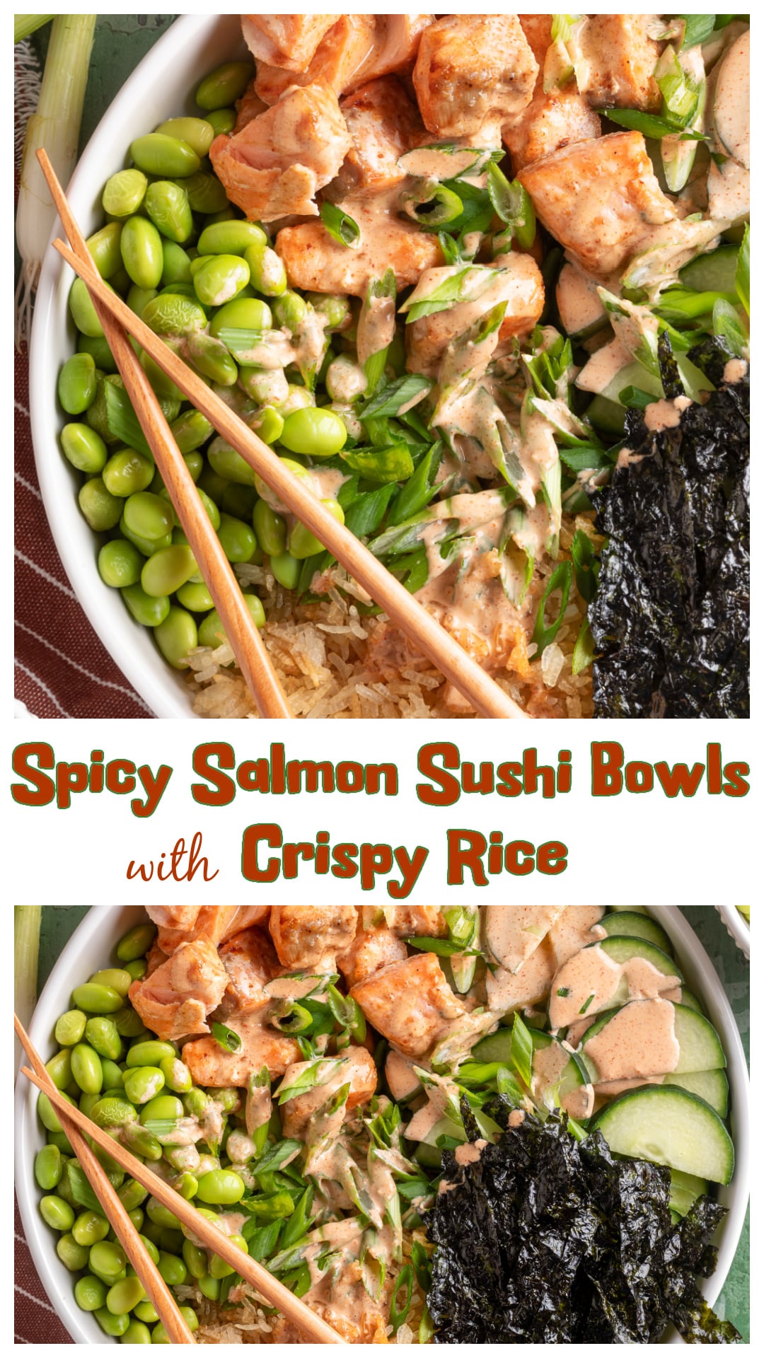 These spicy salmon sushi bowls with crispy rice are loaded with bold flavor, fresh vegetables, and a creamy sriracha mayo dressing. Made with baked salmon, crispy oven rice, edamame, cucumbers, and green onions, they’re a fun, sushi-inspired meal in bowl form. Perfect for lunch, dinner, or meal prep. If you love spicy salmon rolls or poke bowls, this easy sushi bowl recipe is for you! Serve with nori and chili crisp for extra flavor. via @cmpollak1