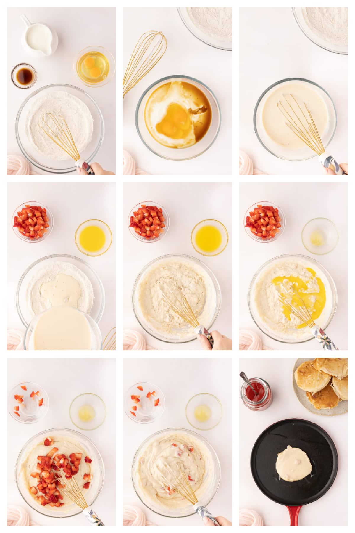 How to Make Fresh Strawberry Pancakes Process collage showing how fresh strawberry pancakes are made, from mixing the buttermilk batter to folding in strawberries and cooking pancakes on the griddle.