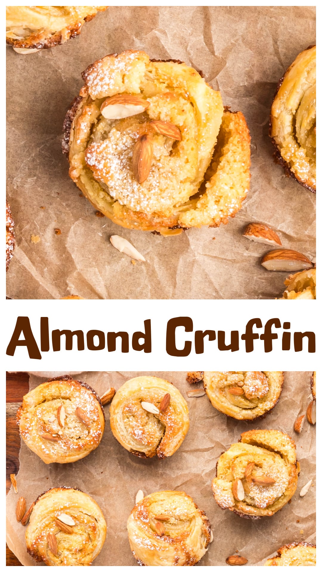 These Almond Cruffins combine the flaky layers of a croissant with the shape of a muffin and a rich almond filling. Baked in a muffin tin and topped with sliced almonds and confectioners’ sugar, they’re perfect for brunch, breakfast, or a weekend bake. Made with puff pastry and a soft almond filling, they’re easier than you’d expect and bake up beautifully golden with crisp edges and soft, nutty centers. via @cmpollak1