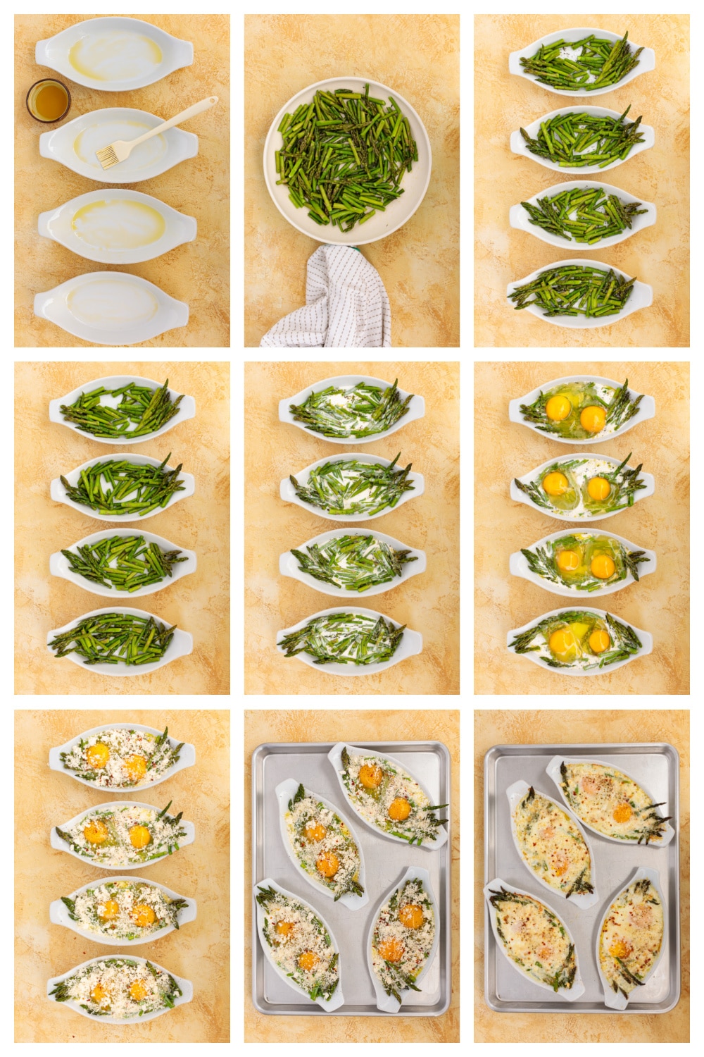Step-by-step collage showing how to prepare and assemble the baked eggs.