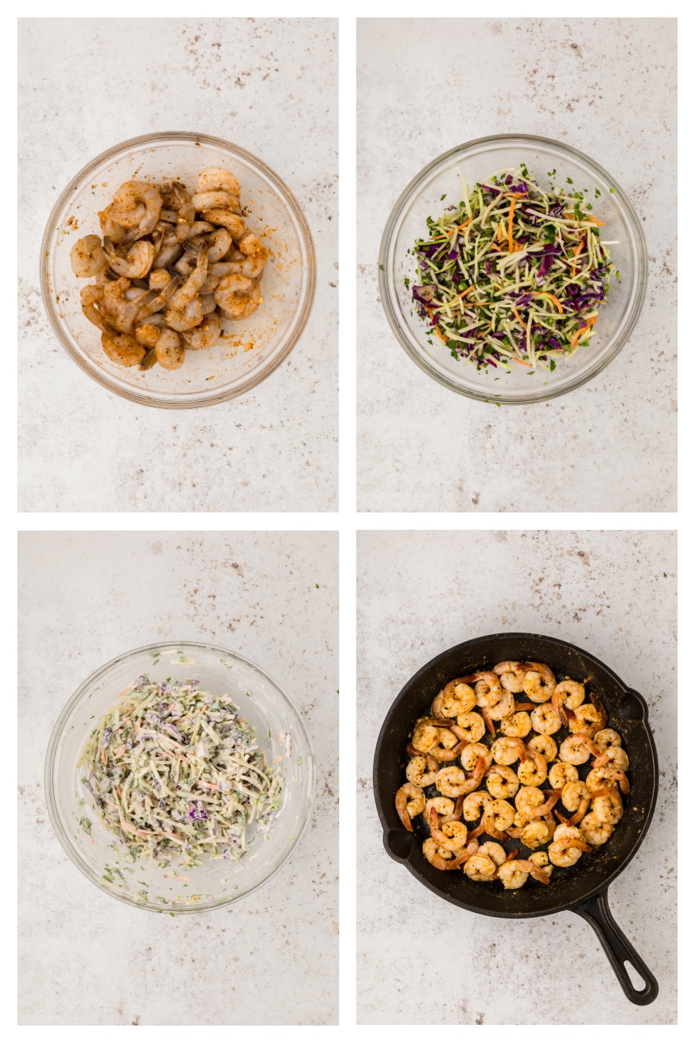 how to make Cajun Shrimp Tacos Step-by-step collage showing the process of making slaw, seasoning shrimp, cooking, and assembling tacos