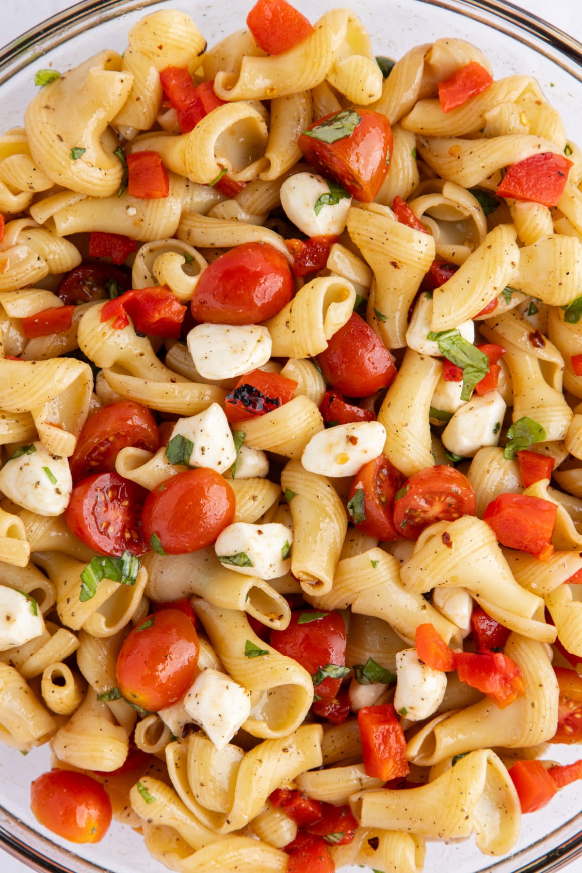 Caprese Pasta Salad with Roasted Red Peppers close-up Close-up view of freshly mixed caprese pasta salad, highlighting the texture of the pasta, chopped tomatoes, basil, and melted mozzarella pearls.