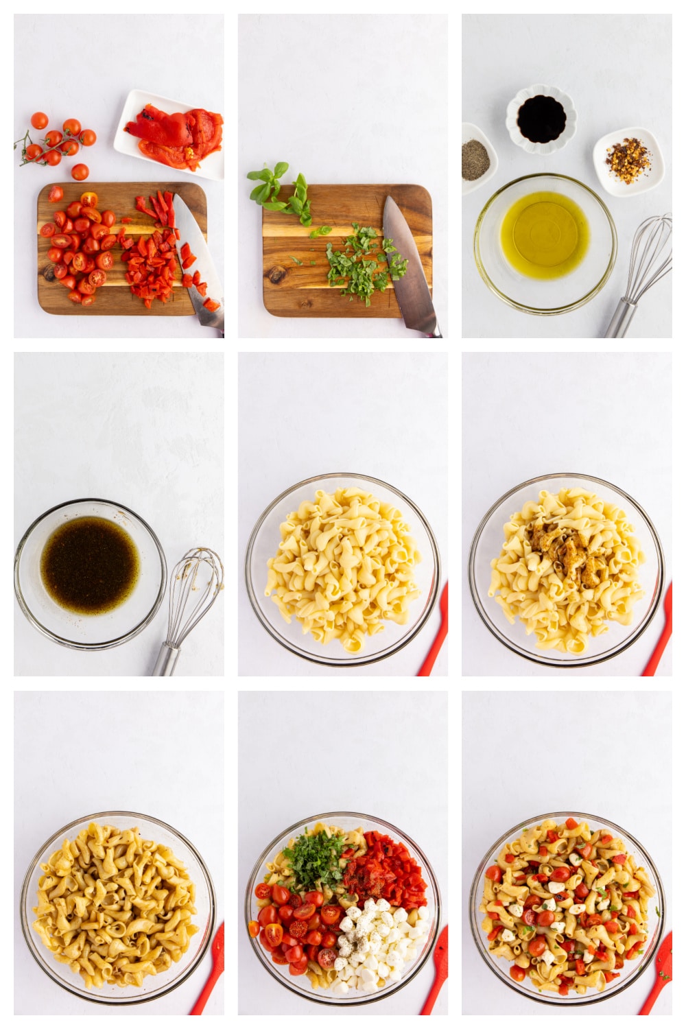 How to make Caprese Pasta Salad with Roasted Red Peppers Collage showing steps for making caprese pasta salad, from cooking pasta and chopping ingredients to mixing everything with the dressing.