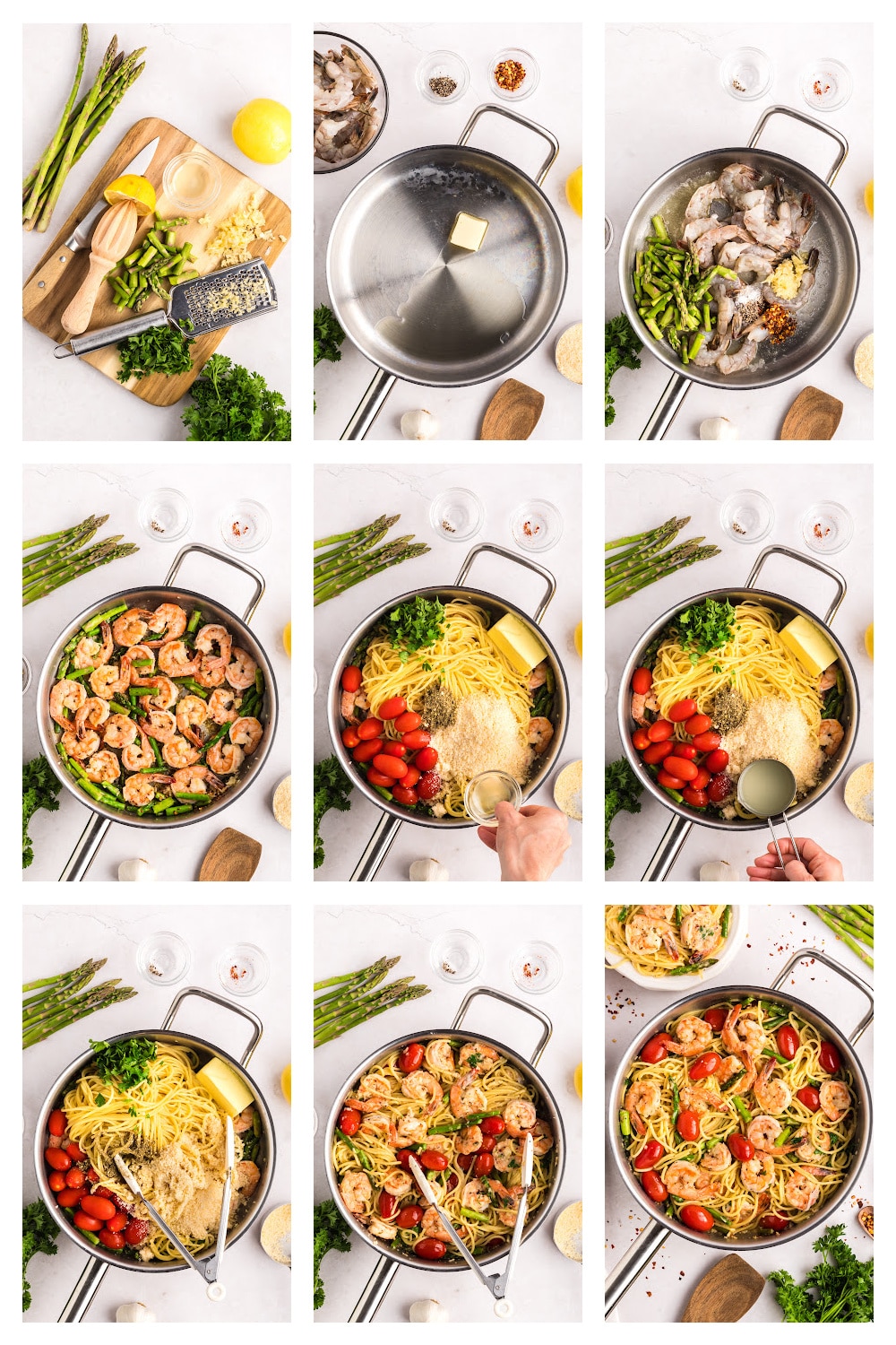 how to make Garlic Shrimp Pasta with Asparagus and Tomatoes Step-by-step photo collage showing how to make garlic shrimp pasta, from cooking the pasta to sautéing shrimp and combining everything in the skillet.