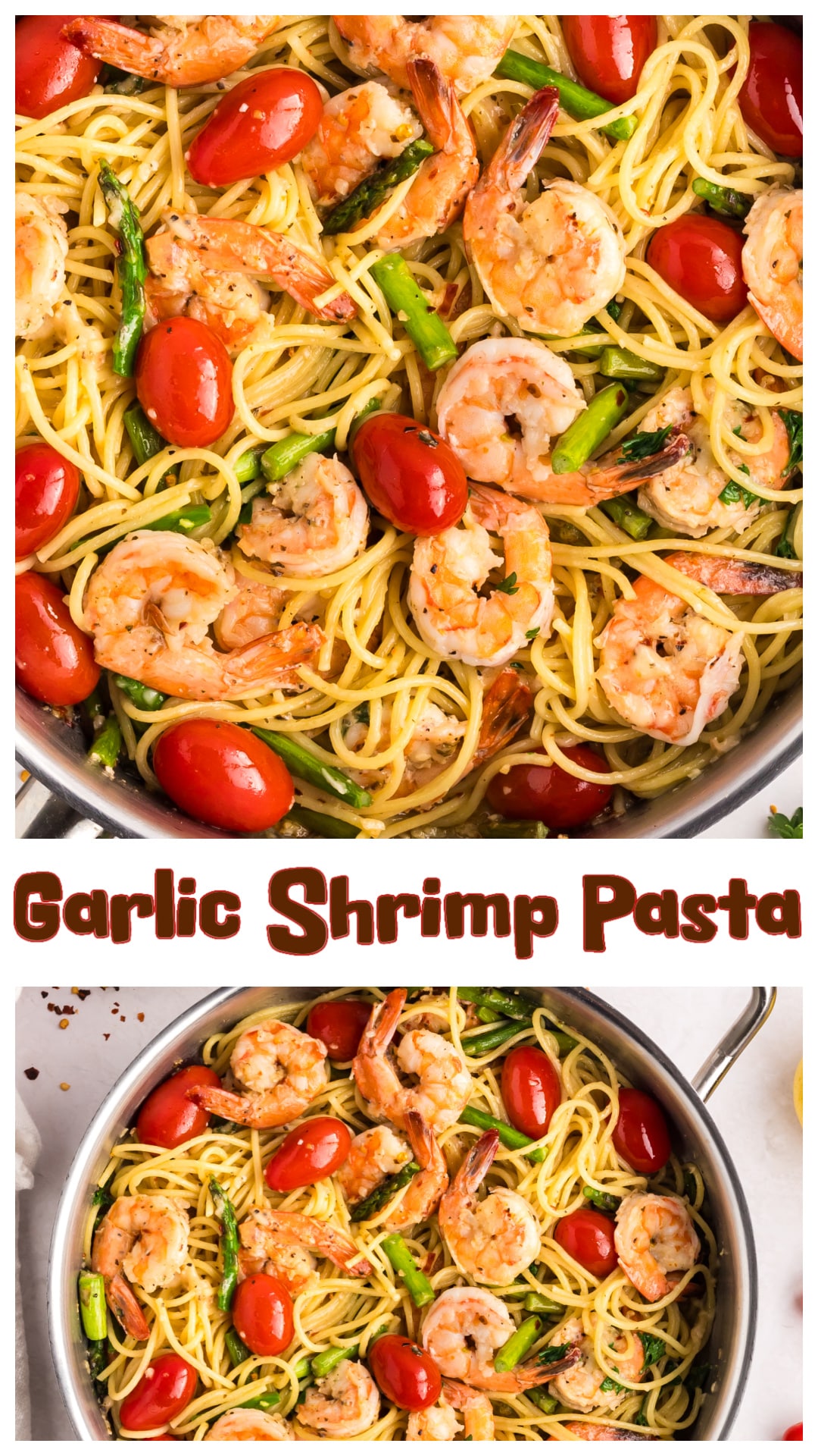 This garlic shrimp pasta is a fast, flavorful dinner that comes together in about 30 minutes. Juicy shrimp, crisp asparagus, and cherry tomatoes are tossed with spaghetti in a buttery garlic sauce with lemon and parmesan. It’s simple enough for a weeknight but feels special enough to serve to company. Fresh parsley and Italian seasoning give it a little extra flavor, and a splash of pasta water brings everything together. Save this one for your next easy pasta night. via @cmpollak1
