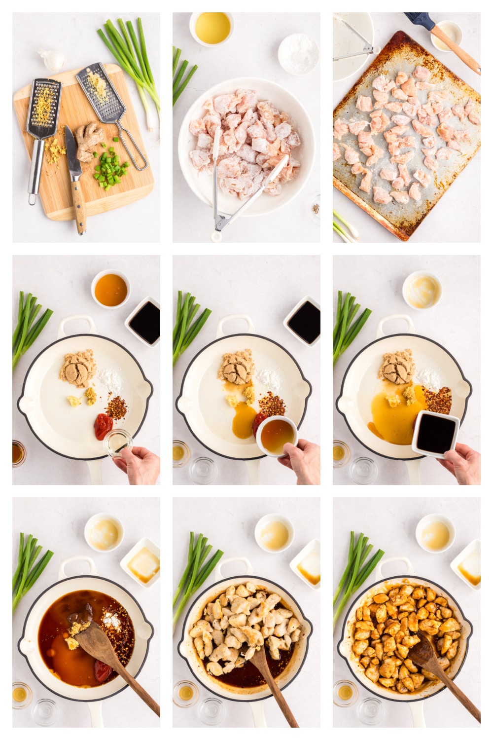 how to make Honey Sesame Chicken Step-by-step photo collage showing the process of coating, baking, saucing, and finishing the honey sesame chicken.