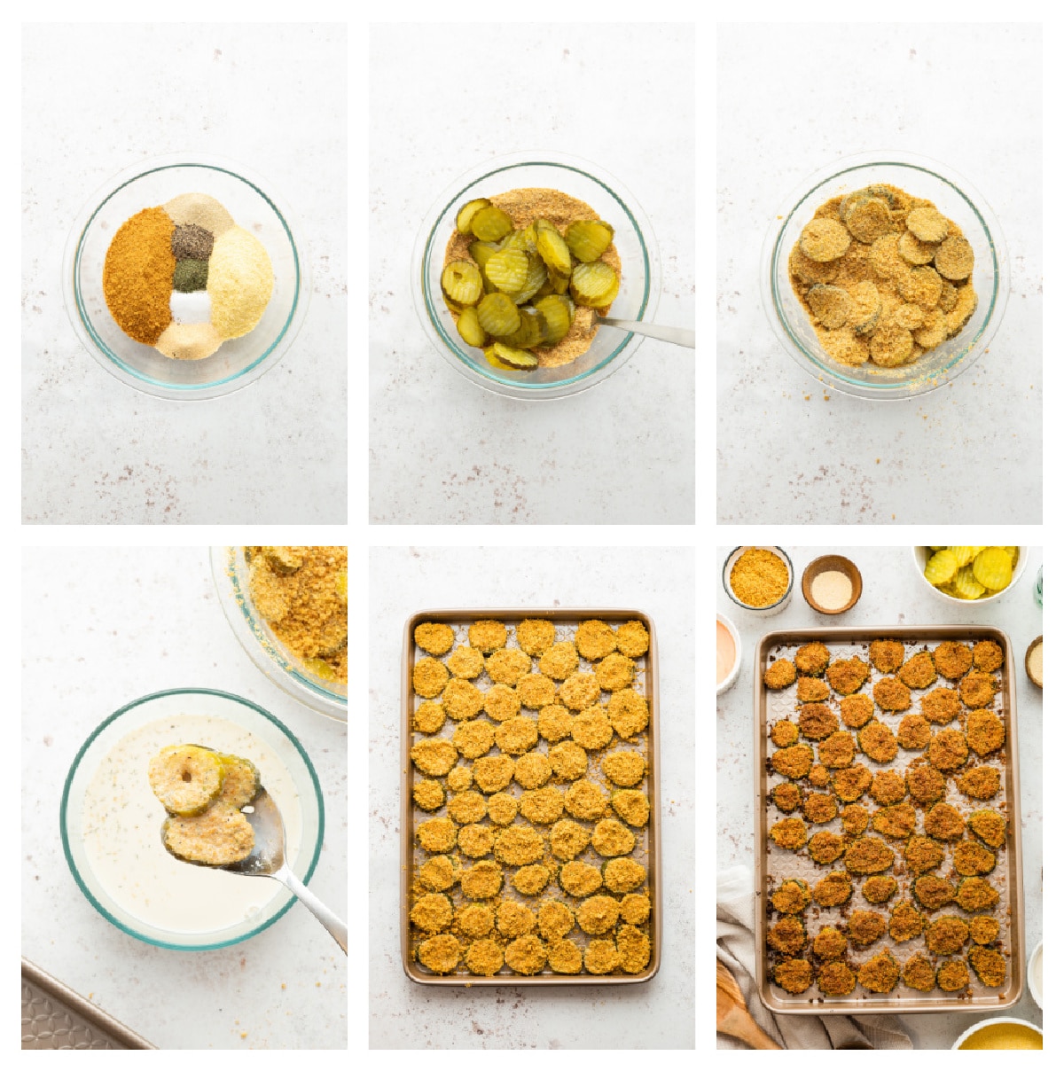 Step-by-step photo collage showing the breading and baking process for oven fried dill pickles.