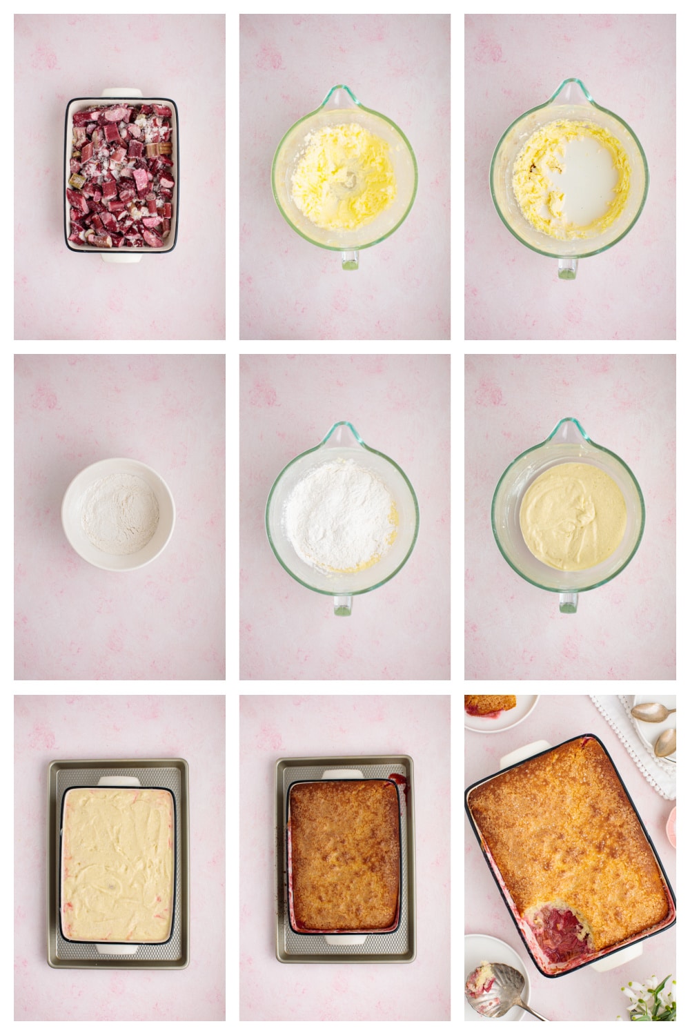 Step-by-step collage showing the process of making rhubarb cobbler, from mixing the filling to adding the batter and baking.