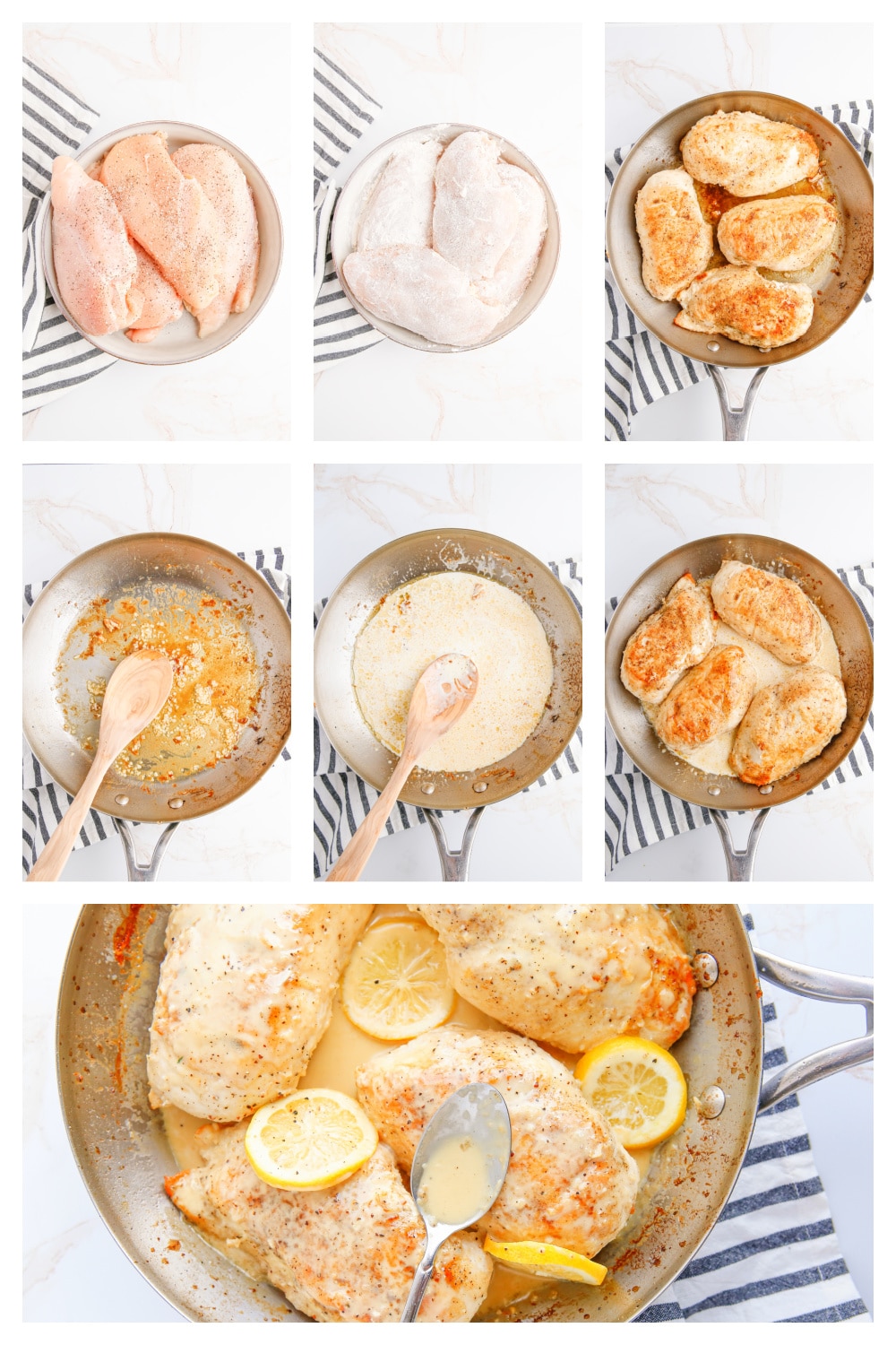 Collage of step-by-step images showing the process of seasoning, searing, and simmering chicken in creamy lemon garlic sauce.
