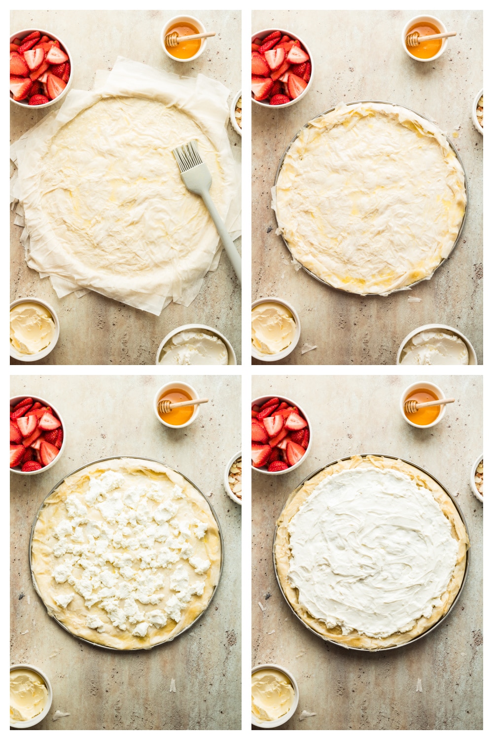 Step-by-step photo collage showing how to layer phyllo dough, spread goat cheese, and arrange strawberries on the tart.