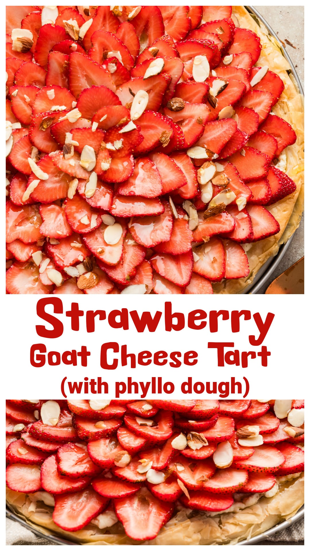 This strawberry goat cheese tart (with phyllo dough) is light, crisp, and full of contrast—flaky crust, creamy goat cheese, fresh strawberries, and honey. It’s easy to assemble and works for brunch, a laid-back appetizer, or a not-too-sweet dessert. If you’ve never worked with phyllo before, don’t stress—just layer, butter, and bake. Serve chilled or warm, and add sliced almonds for crunch. A great make-ahead option for casual entertaining. via @cmpollak1