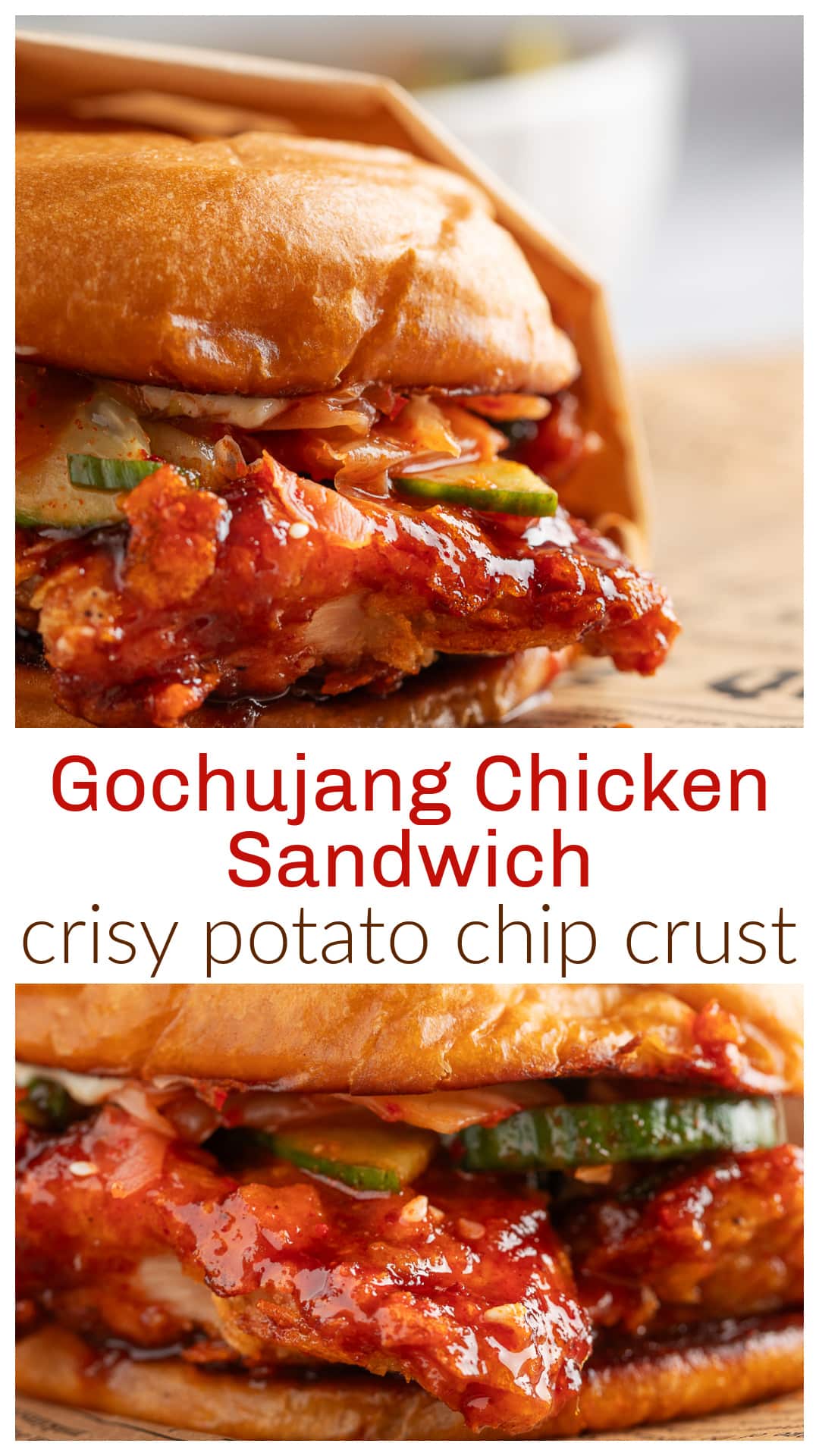 This Gochujang Chicken Sandwich has all the bold flavor and major crunch with a crispy potato chip crust, sticky Gochujang sauce, kimchi and a cool cucumber salad topping. Built for big bites, messy hands, and serious flavor lovers, it’s an air-fried sandwich that is so tasty you will not want to share it. Perfect when you're craving something crispy, saucy, and totally over-the-top. via @cmpollak1