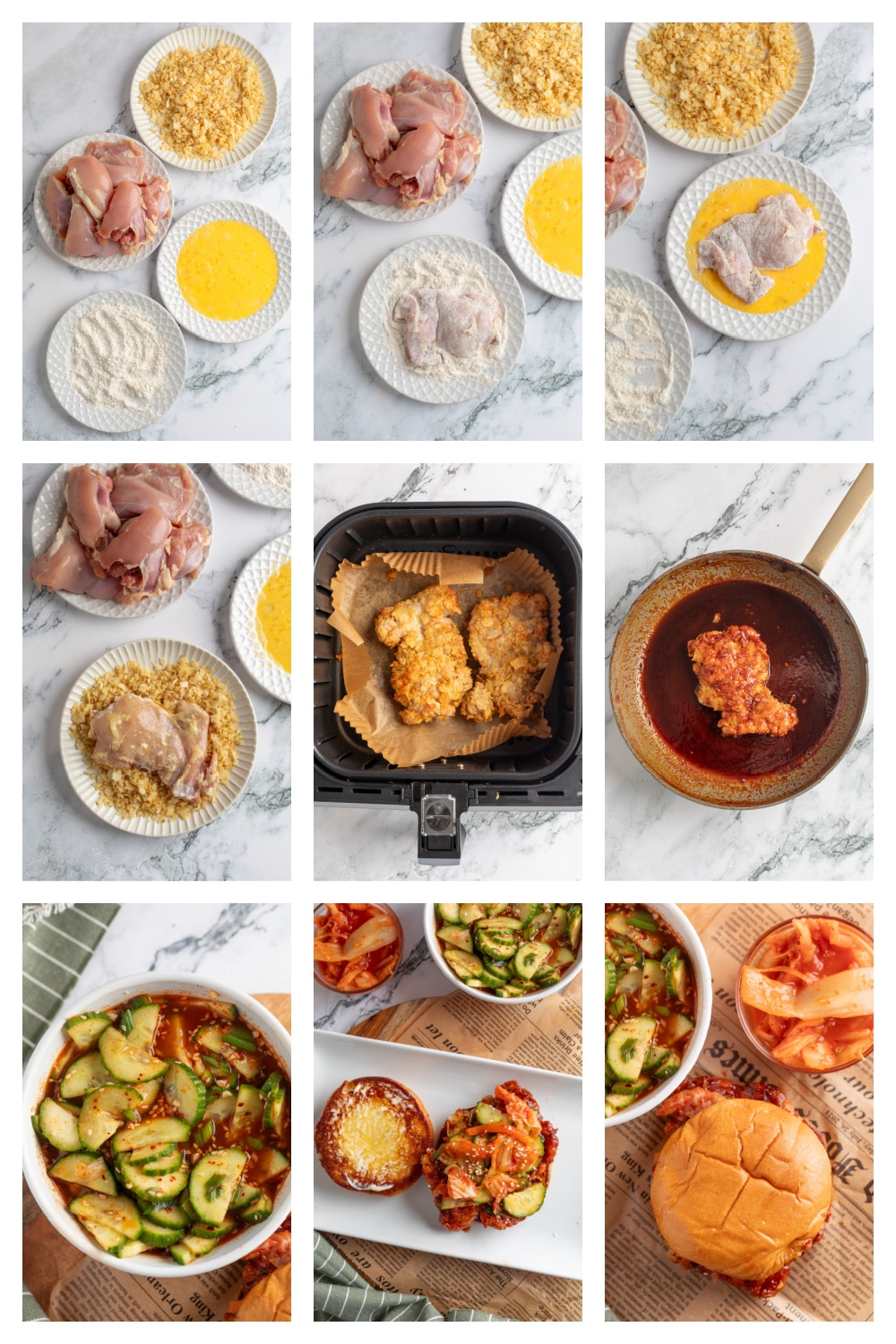 Process collage of dredging, cooking, and assembling the Gochujang Chicken Sandwich Step-by-step collage showing how to coat the chicken, air fry it, and build the sandwich