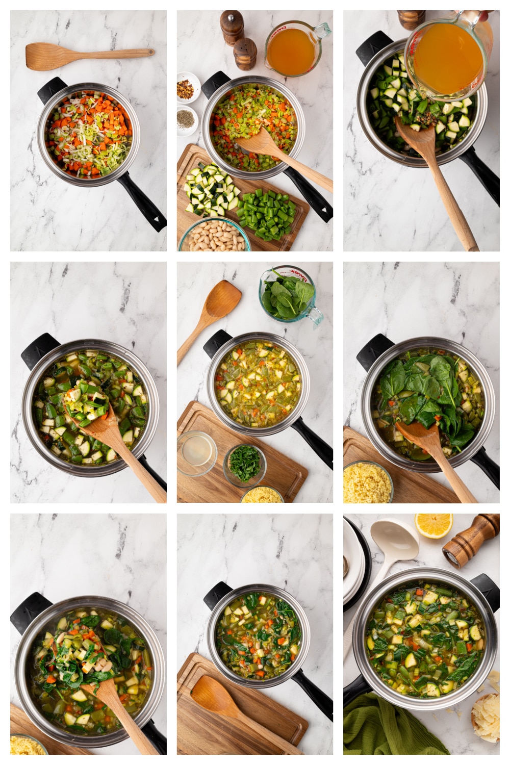 Step-by-step process of making green minestrone Step-by-step collage showing how to make green minestrone, from cooking the base to finishing with herbs