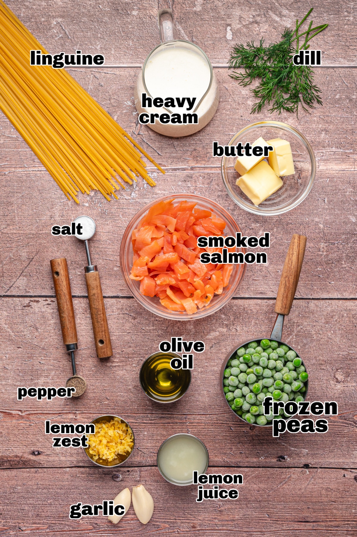 Ingredients needed for smoked salmon pasta with creamy lemon dill sauce. Ingredients for smoked salmon pasta laid out, including linguine, smoked salmon, peas, lemon, dill, and cream.