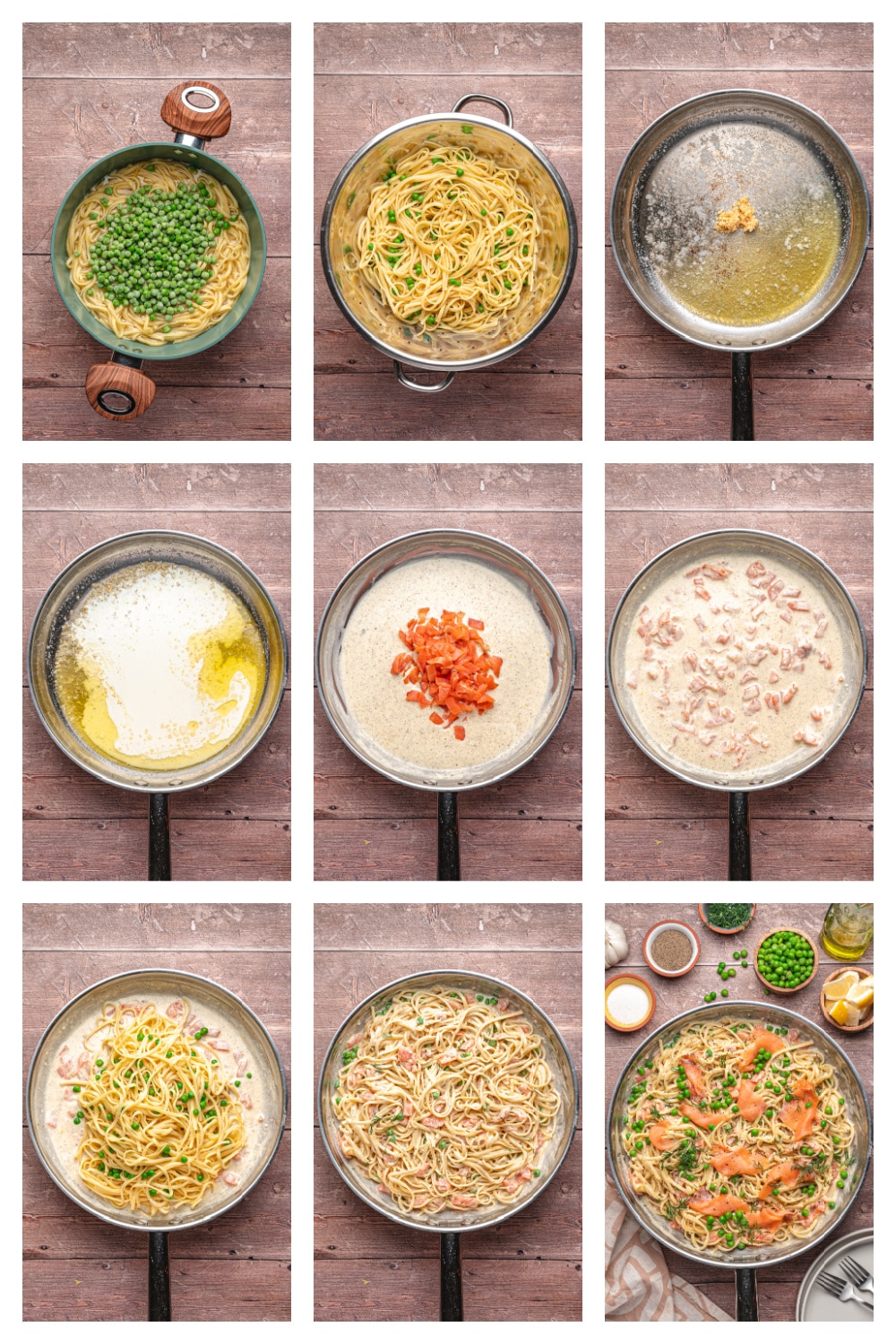 How to make creamy smoked salmon pasta with lemon, dill, and peas. Step-by-step collage showing how to make smoked salmon pasta with lemon dill sauce.