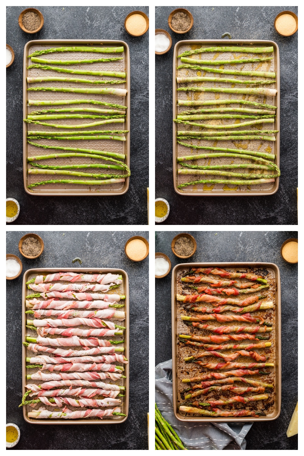 Step-by-step collage showing how to season, wrap, and bake asparagus with bacon