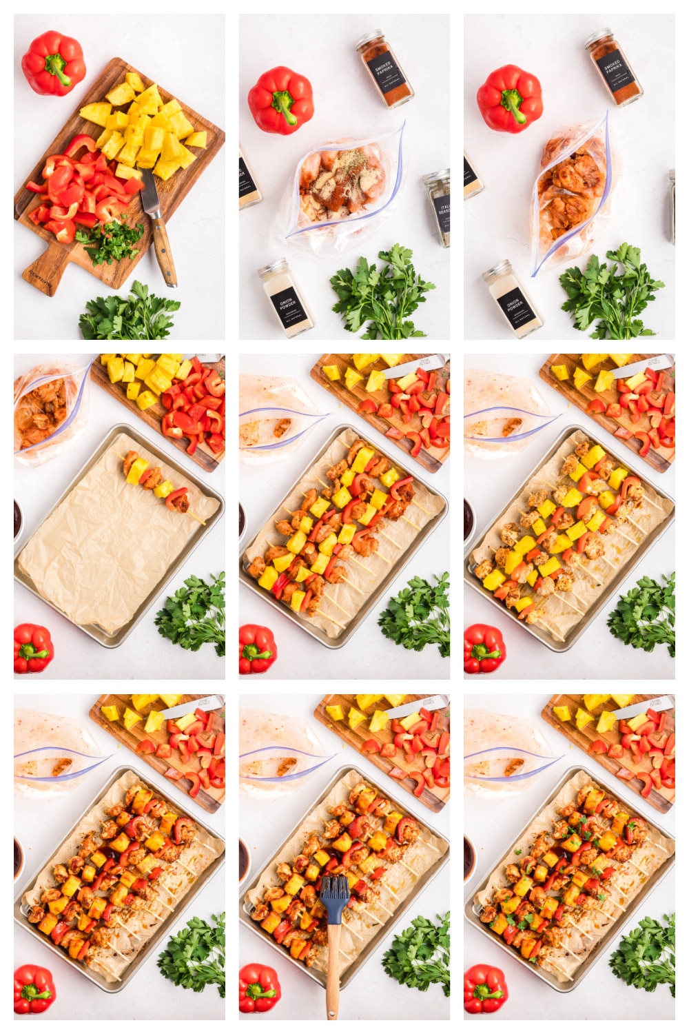 Step-by-step photos showing how to assemble and bake BBQ chicken skewers