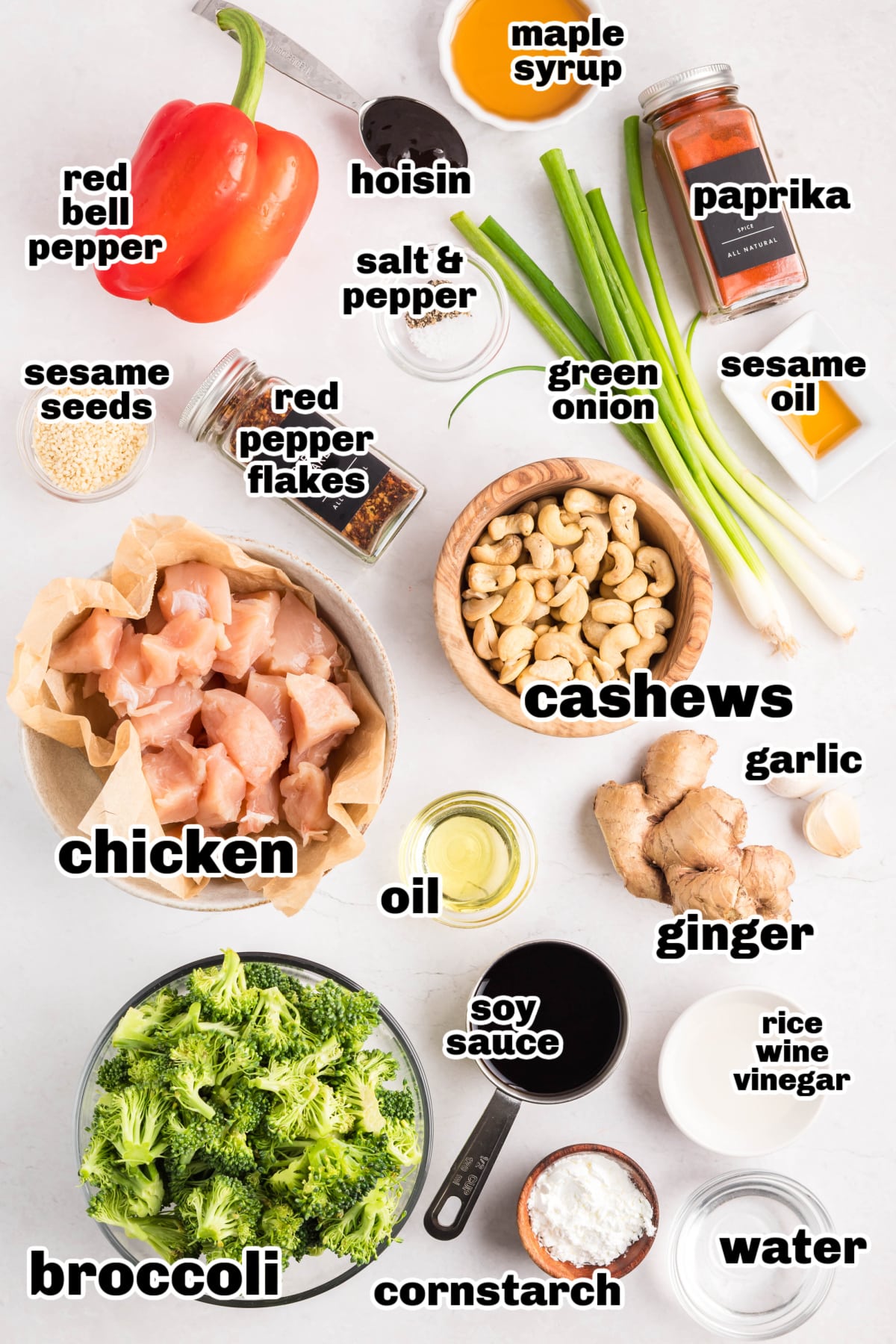  Ingredients for sticky cashew chicken stir-fry arranged on a counter