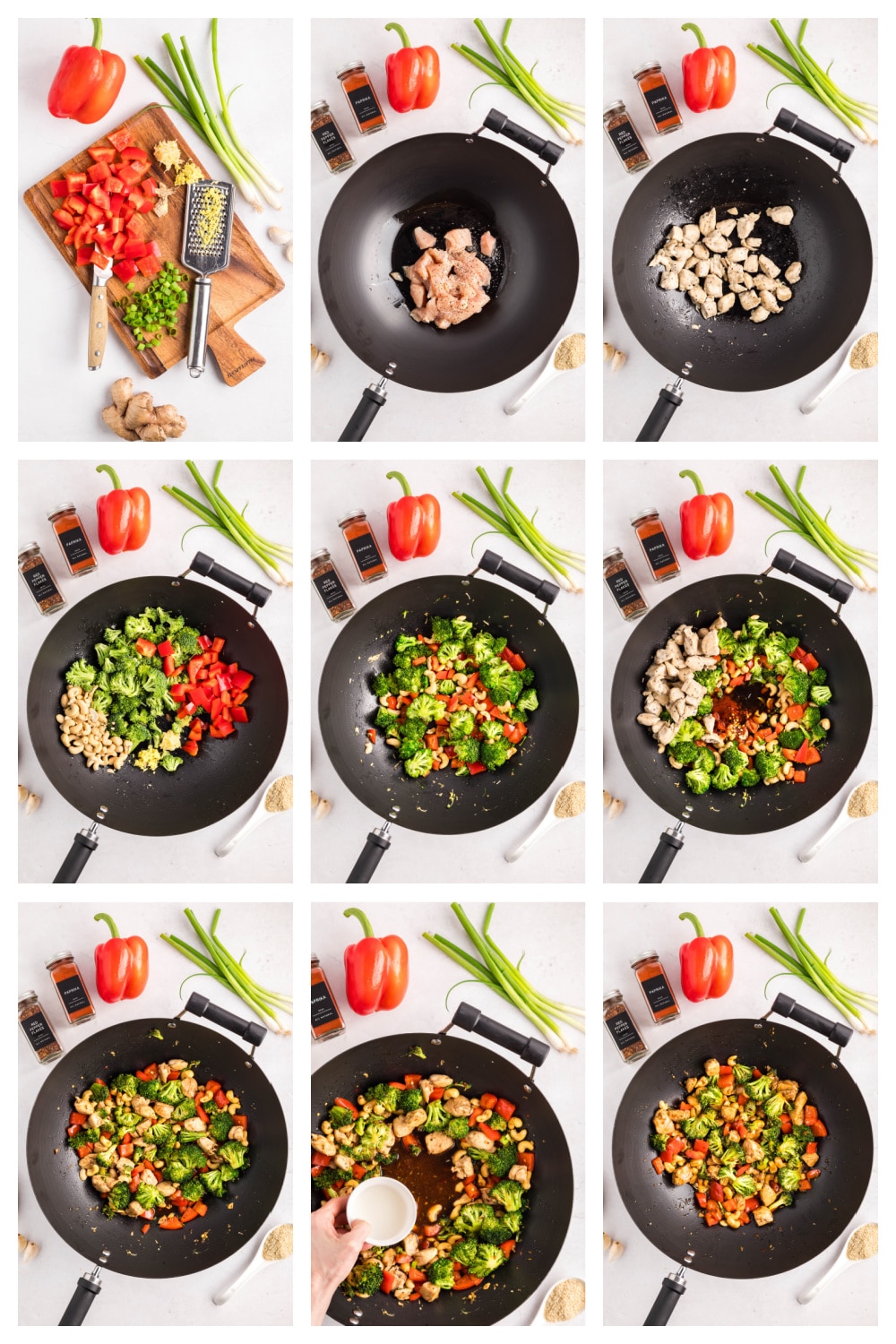 Step-by-step collage showing how to make sticky cashew chicken stir-fry