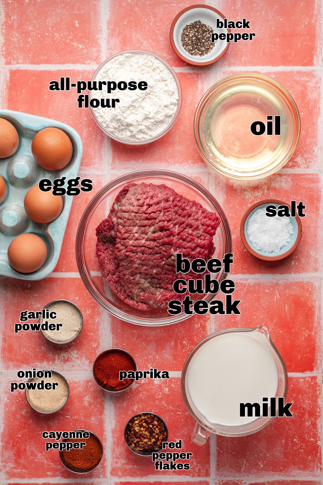  Ingredients laid out for making chicken fried steak with white gravy