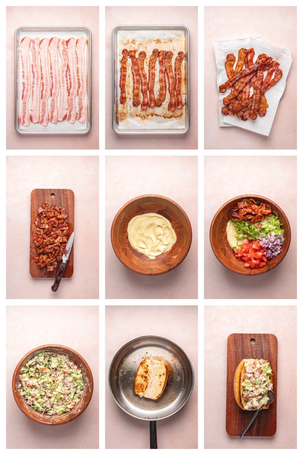 Step-by-step collage showing how to make chopped BLT hoagies from cooking bacon to assembling the sandwiches