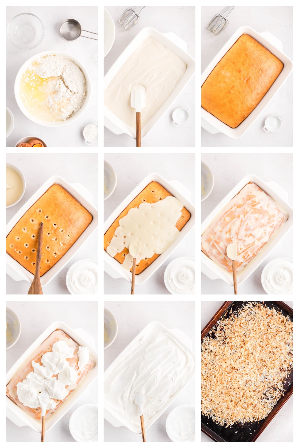 Step-by-step process for making coconut poke cake including poking holes, pouring filling, and topping with coconut.