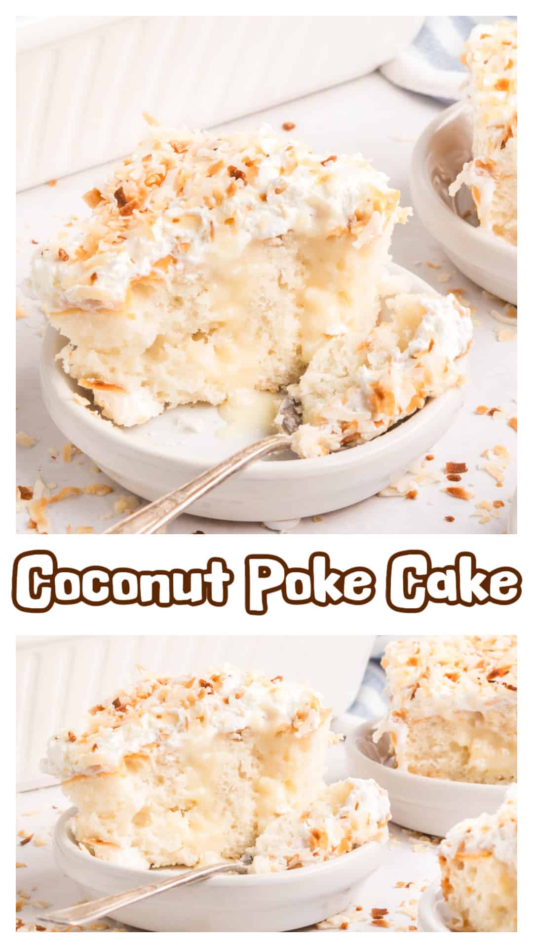 This easy coconut poke cake starts with a boxed white cake mix and ends with whipped topping and toasted coconut. It’s soaked in a mix of cream of coconut and sweetened condensed milk, then chilled until soft, creamy, and full of flavor. A great make-ahead dessert for coconut lovers. via @cmpollak1