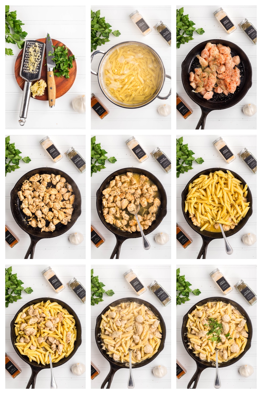 Step-by-step process showing how to make creamy garlic chicken pasta